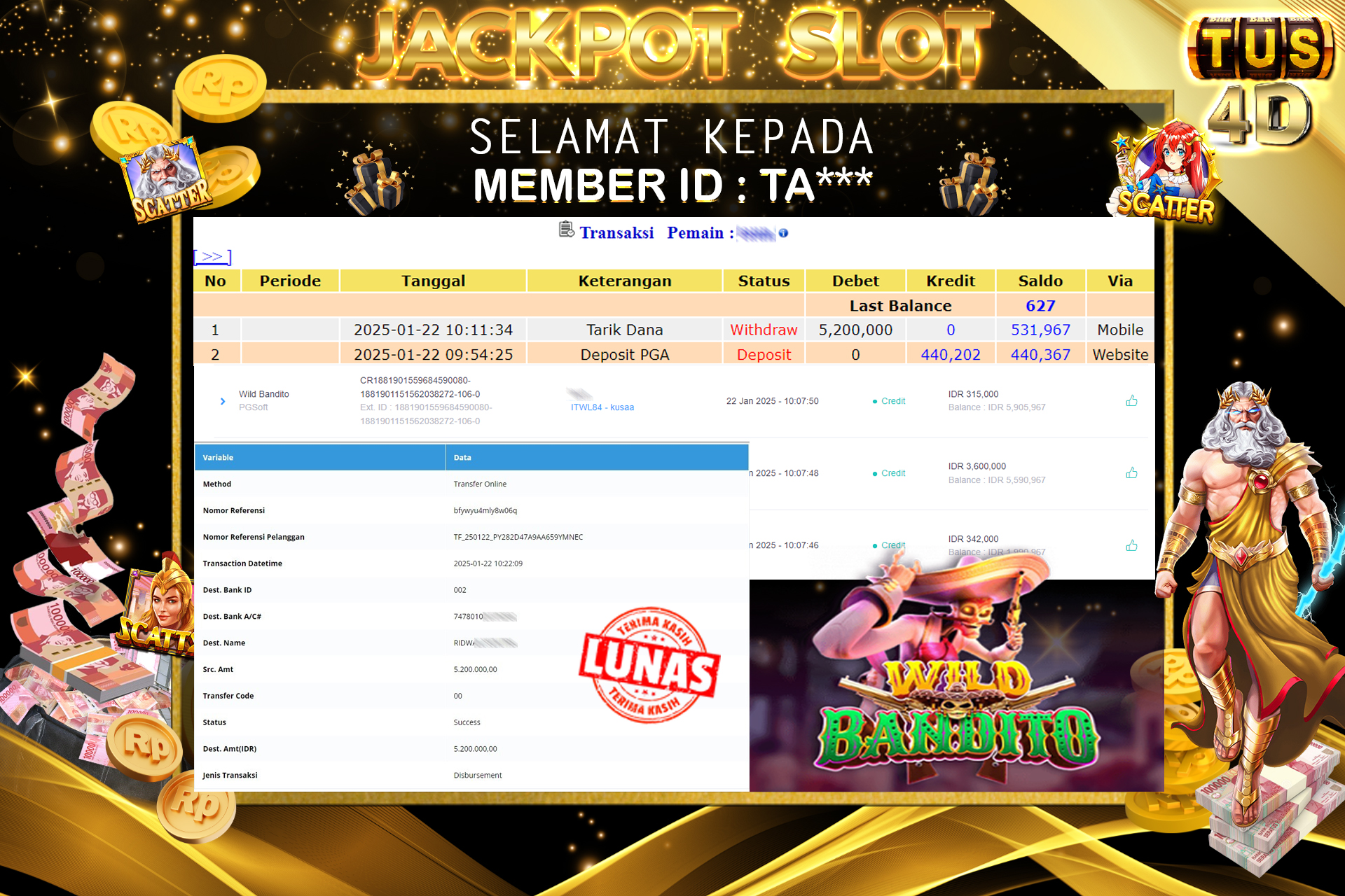 TUS4D JACKPOT SLOT WILD BANDITO Rp5,200,000.,- LUNAS