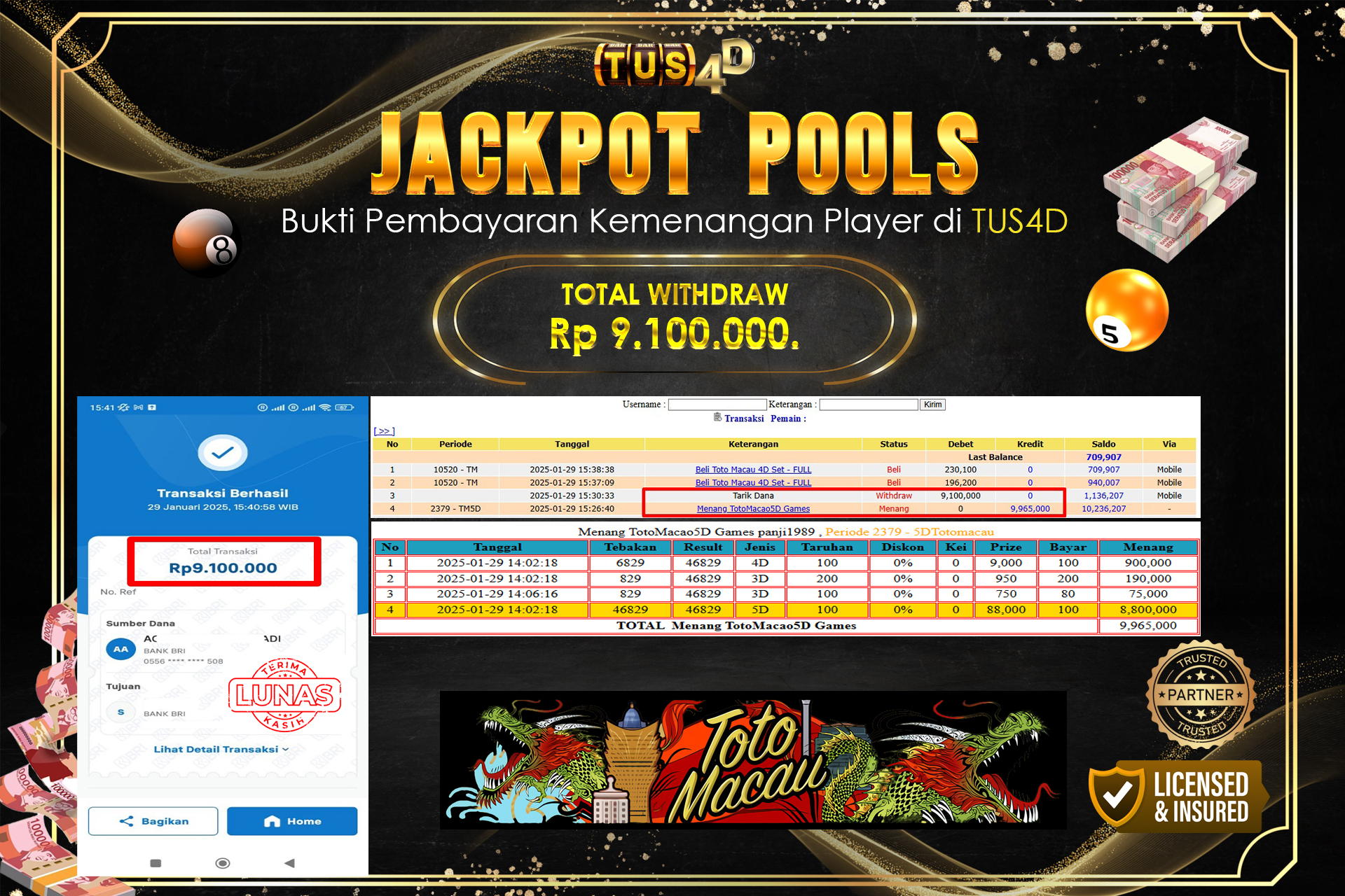 TUS4D JACKPOT TOGEL TOTOMACAU 5D Rp9.100.000.,- LUNAS