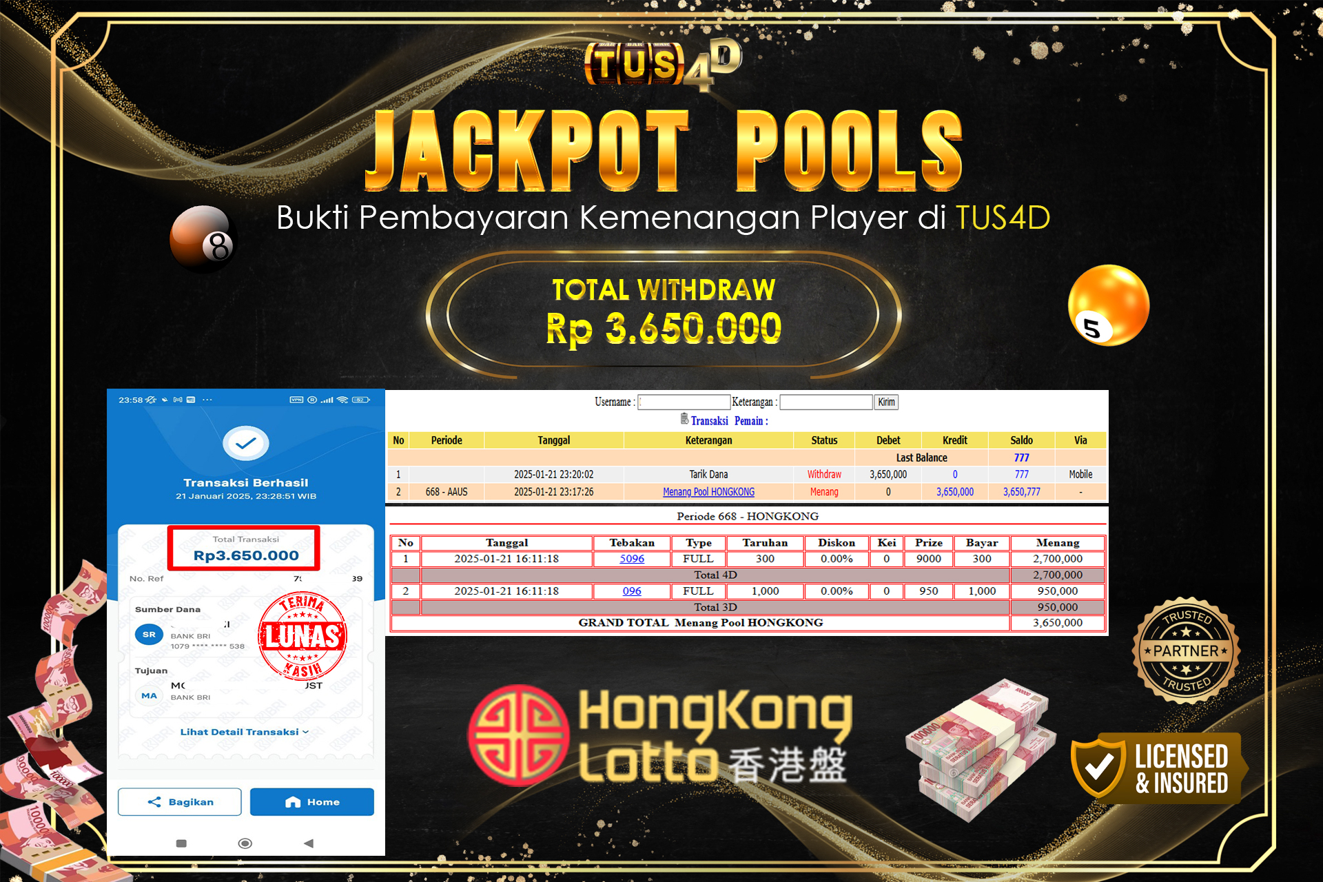 TUS4D JACKPOT TOGEL HONGKONG LOTTO Rp3.650.000.,- LUNAS