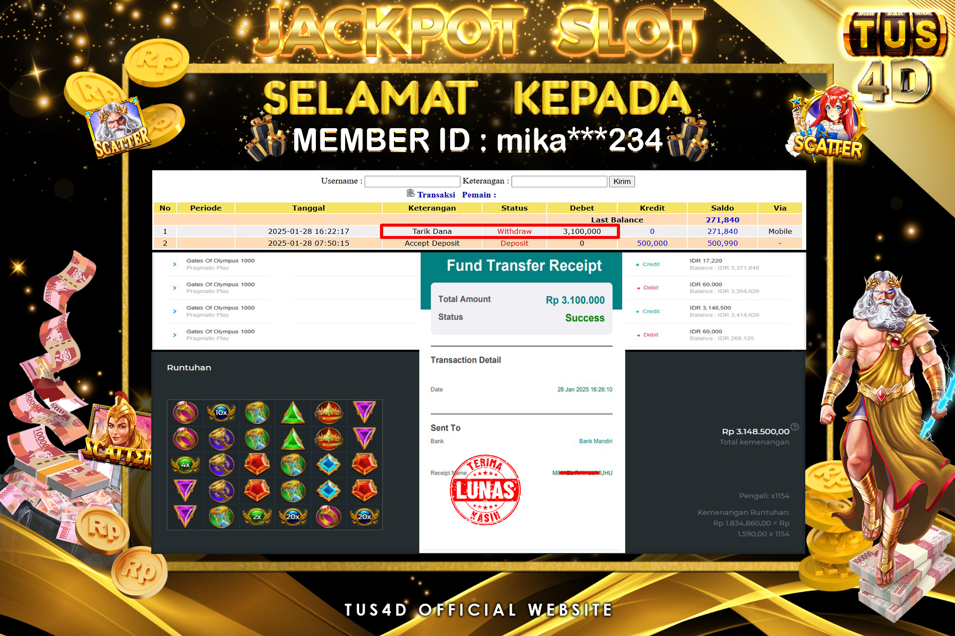 TUS4D JACKPOT SLOT GATES OF OLYMPUS 1000 Rp3.100.000.,- LUNAS
