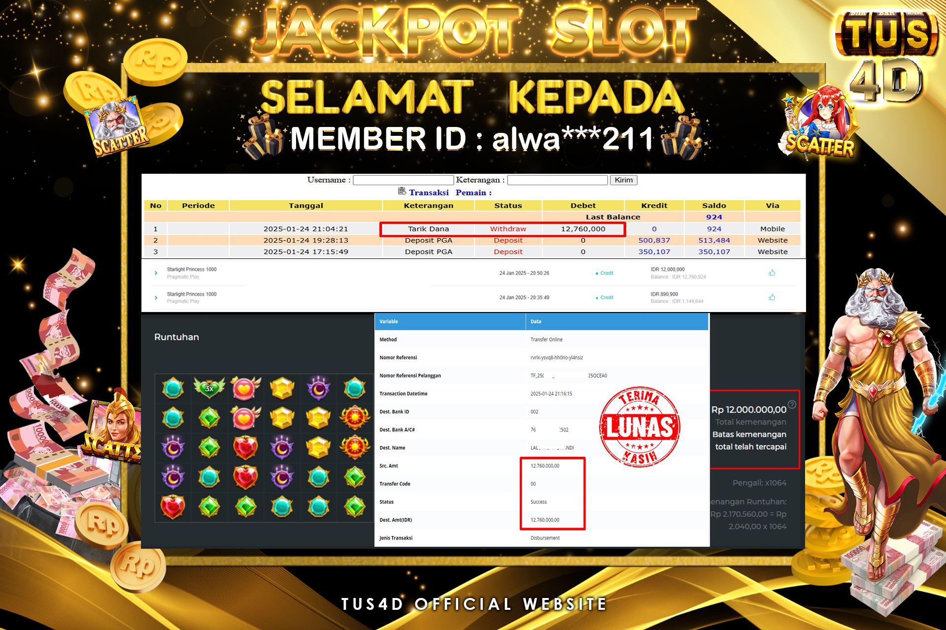 TUS4D JACKPOT SLOT STARLIGHT PRINCES 1000 Rp12.760.000.,- LUNAS