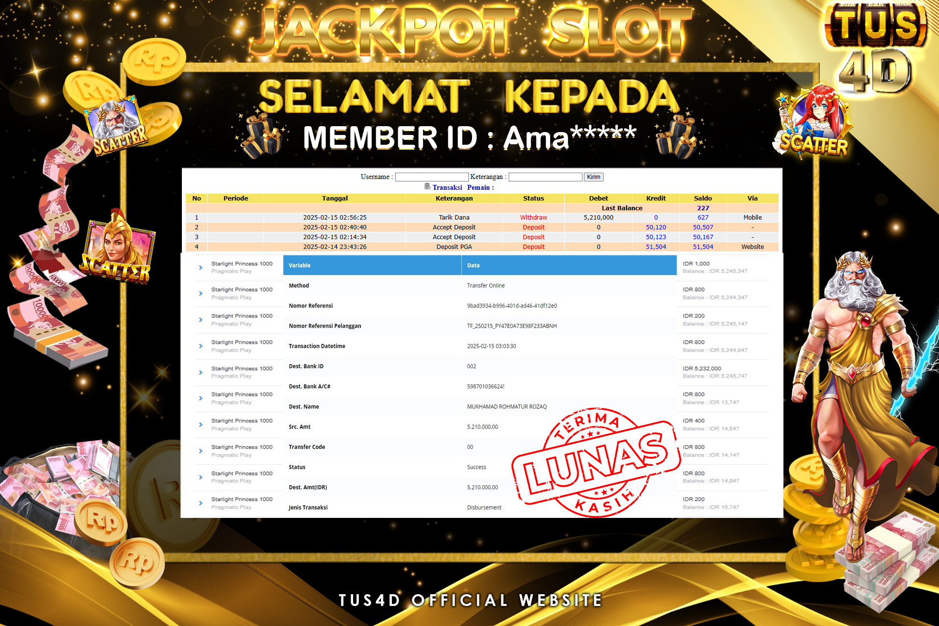 TUS4D JACKPOT SLOT STARLIGHT PRINCESS 1000 Rp 5.210.000.,- LUNAS