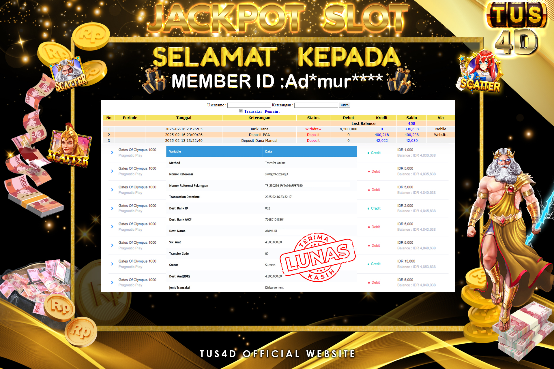 TUS4D JACKPOT SLOT Gates of Olympus 1000 Rp 4.500.000.,- LUNAS