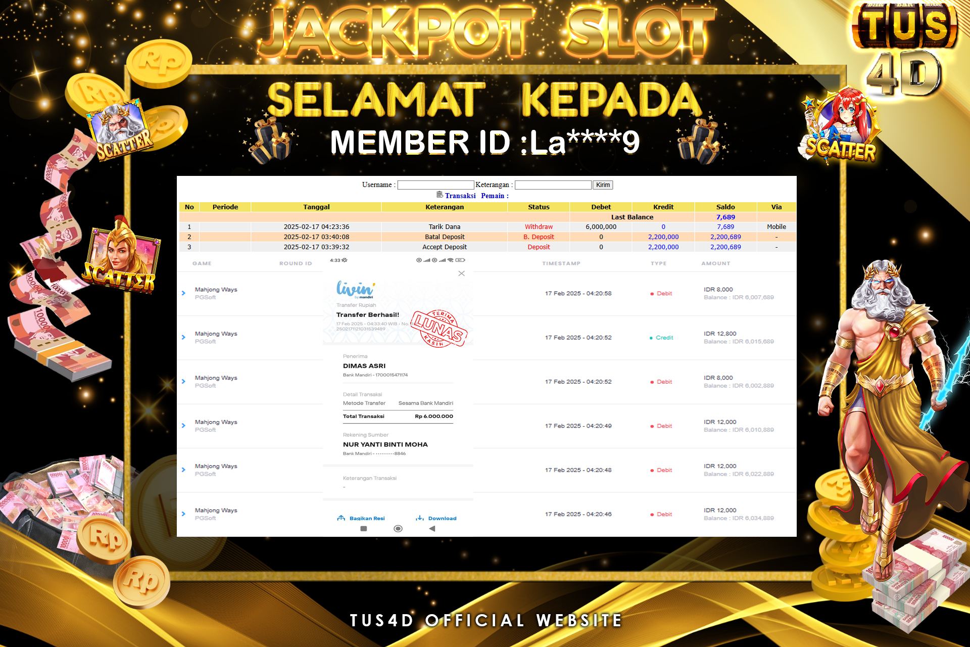 TUS4D JACKPOT SLOT MAHJONG WAYS Rp 6.000.000.,- LUNAS