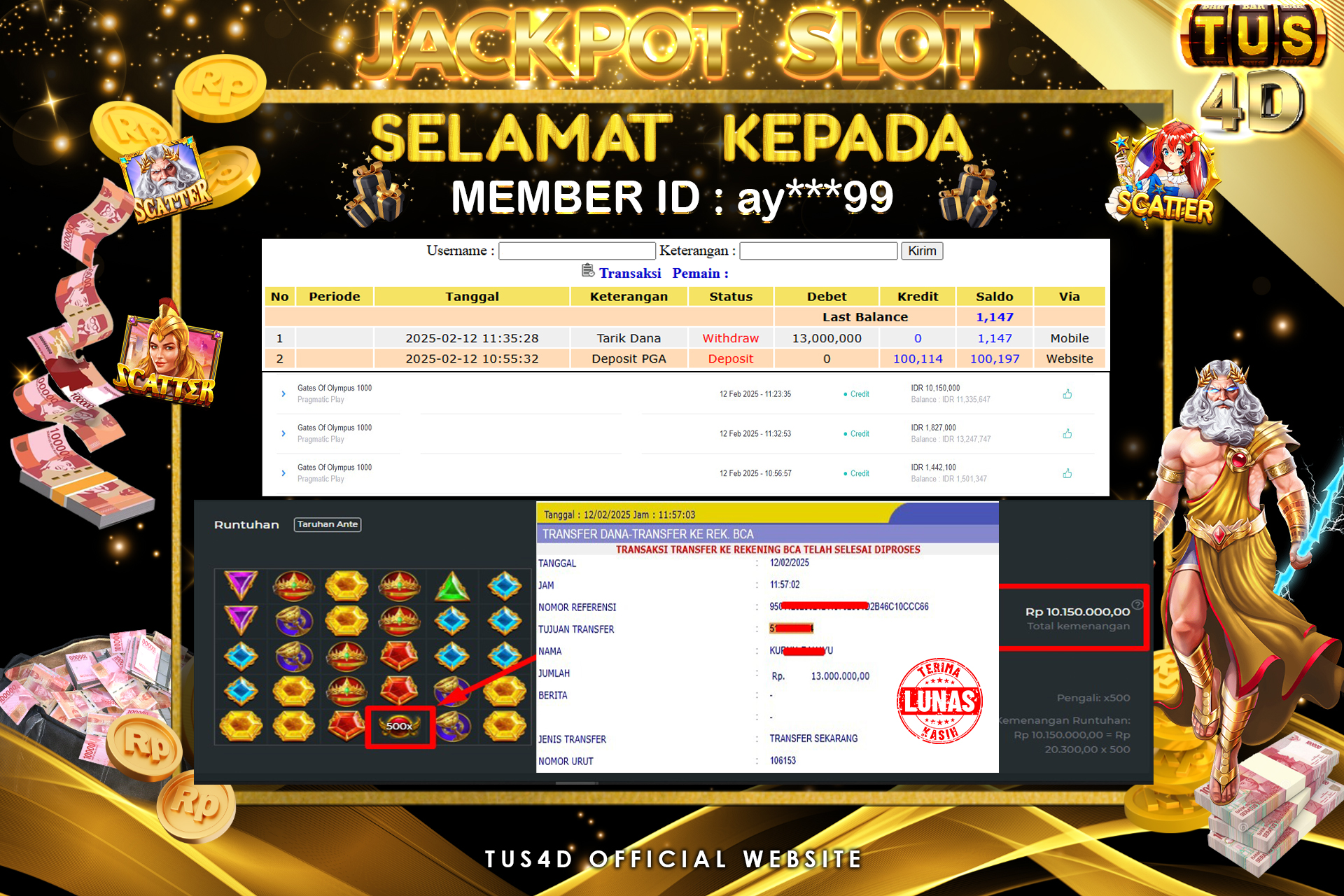 TUS4D JACKPOT SLOT Gates of Olympus 1000 Rp 13.000.000.,- LUNAS