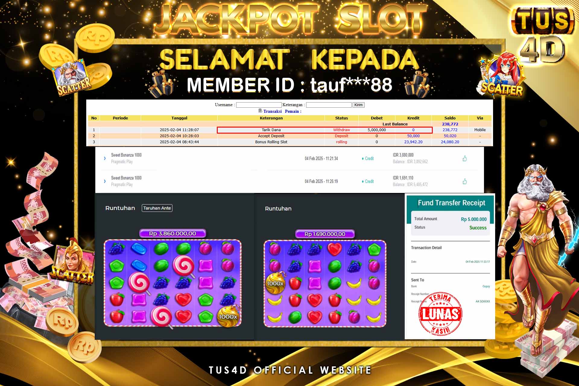 TUS4D JACKPOT SLOT SWEET BONANZA 1000 Rp5.000.000.,- LUNAS