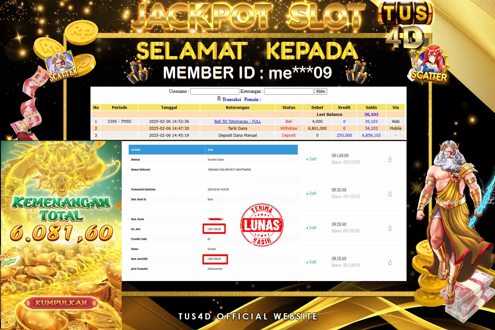 TUS4D JACKPOT SLOT Mahjong Ways 2 Rp6,801,000,- LUNAS