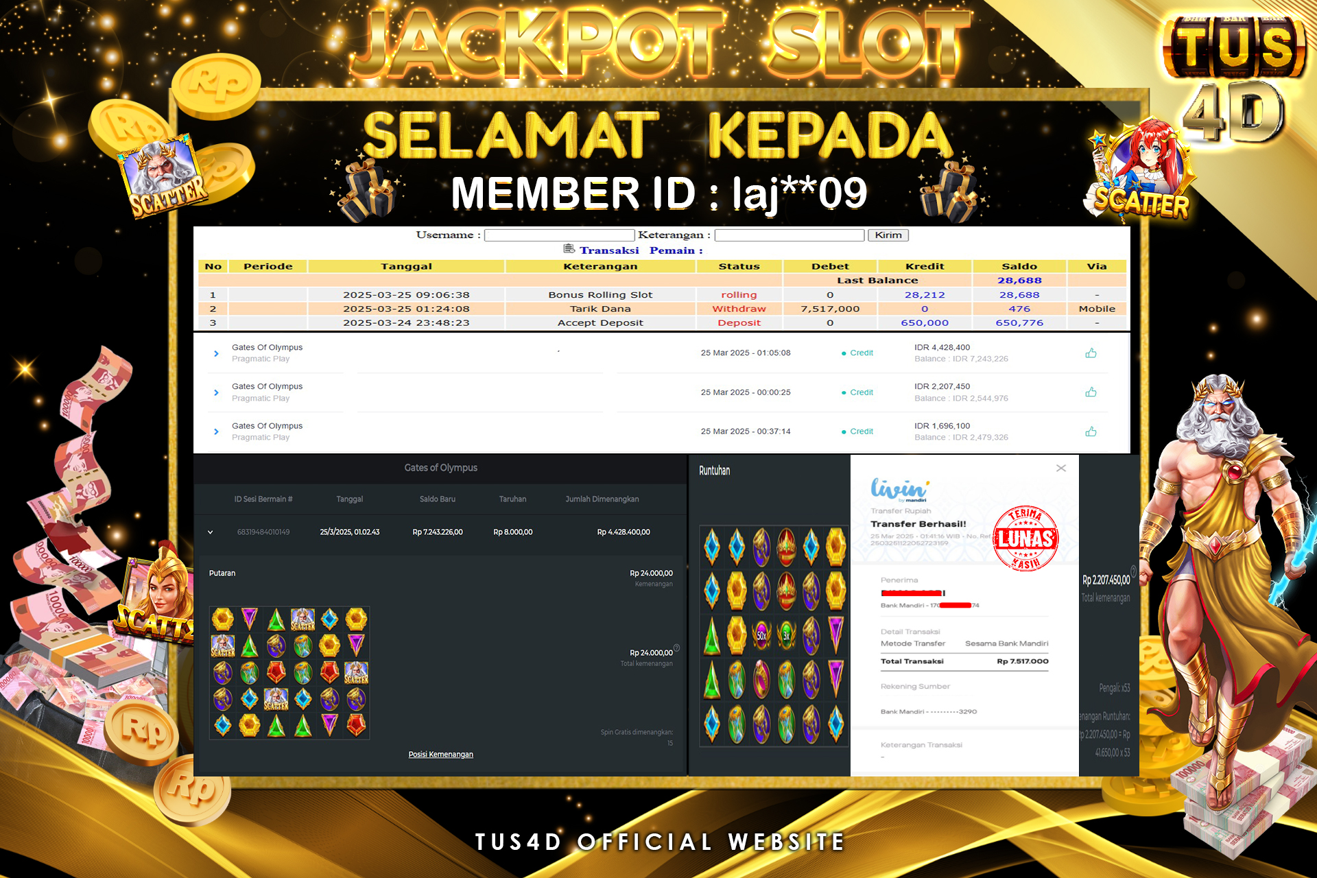TUS4D JACKPOT SLOT Gates of Olympus Rp7.517.000.,- LUNAS