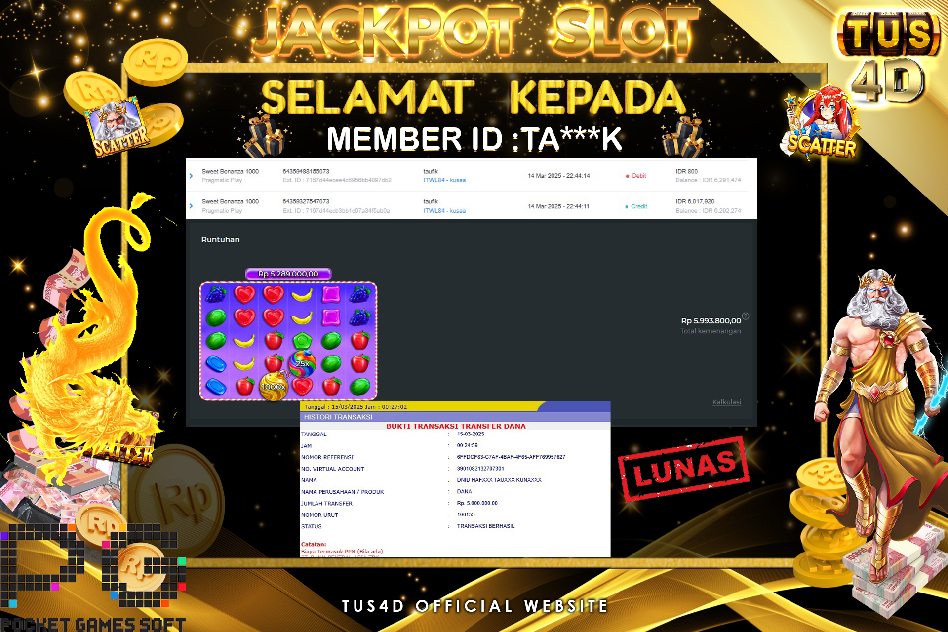 TUS4D JACKPOT SLOT SWEET BONANZA 1000 Rp 5.000.000.,- LUNAS