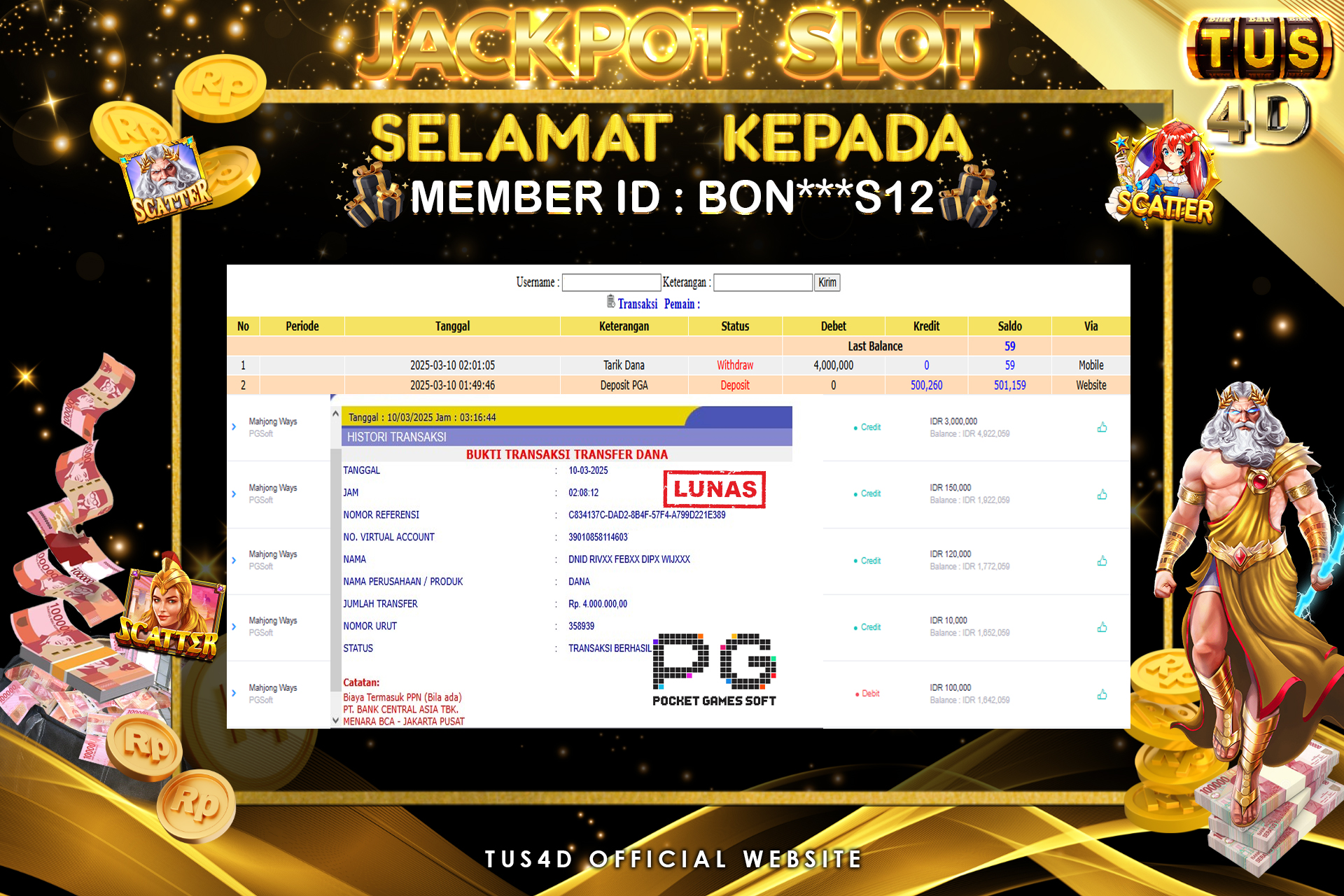 TUS4D JACKPOT SLOT Mahjong Ways  Rp 4.000.000.,- LUNAS