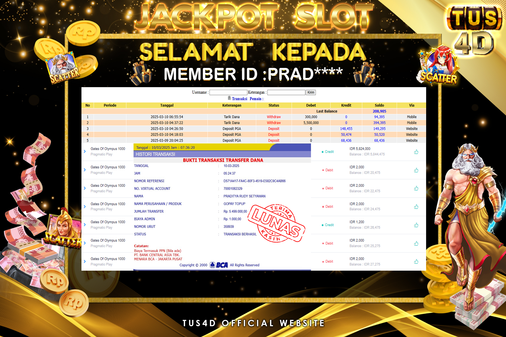 TUS4D JACKPOT SLOT GATES OF OLYMPUS 1000 Rp 5.500.000.,- LUNAS
