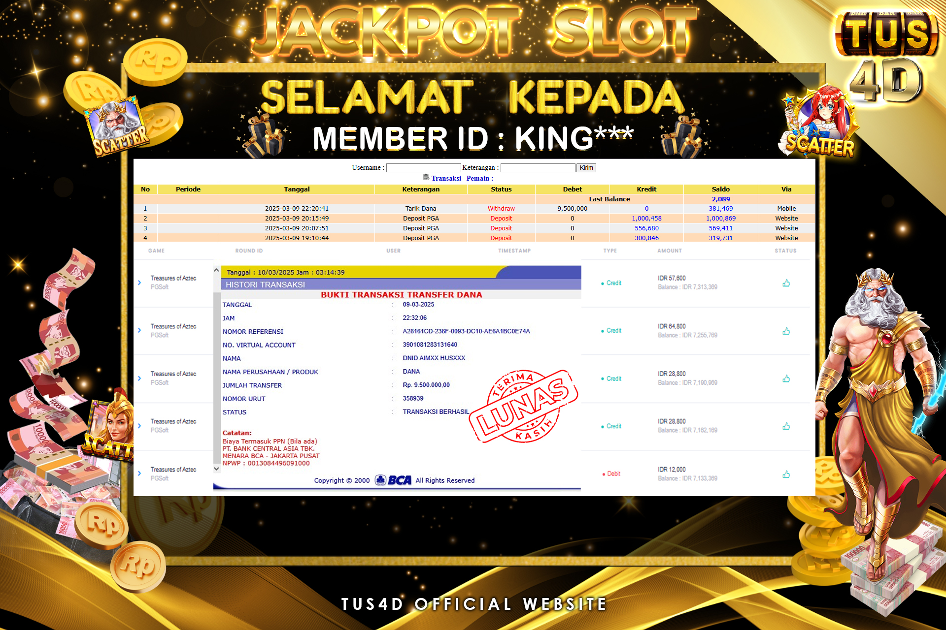 TUS4D JACKPOT SLOT Treasure of Aztec Rp 9.500.000.,- LUNAS