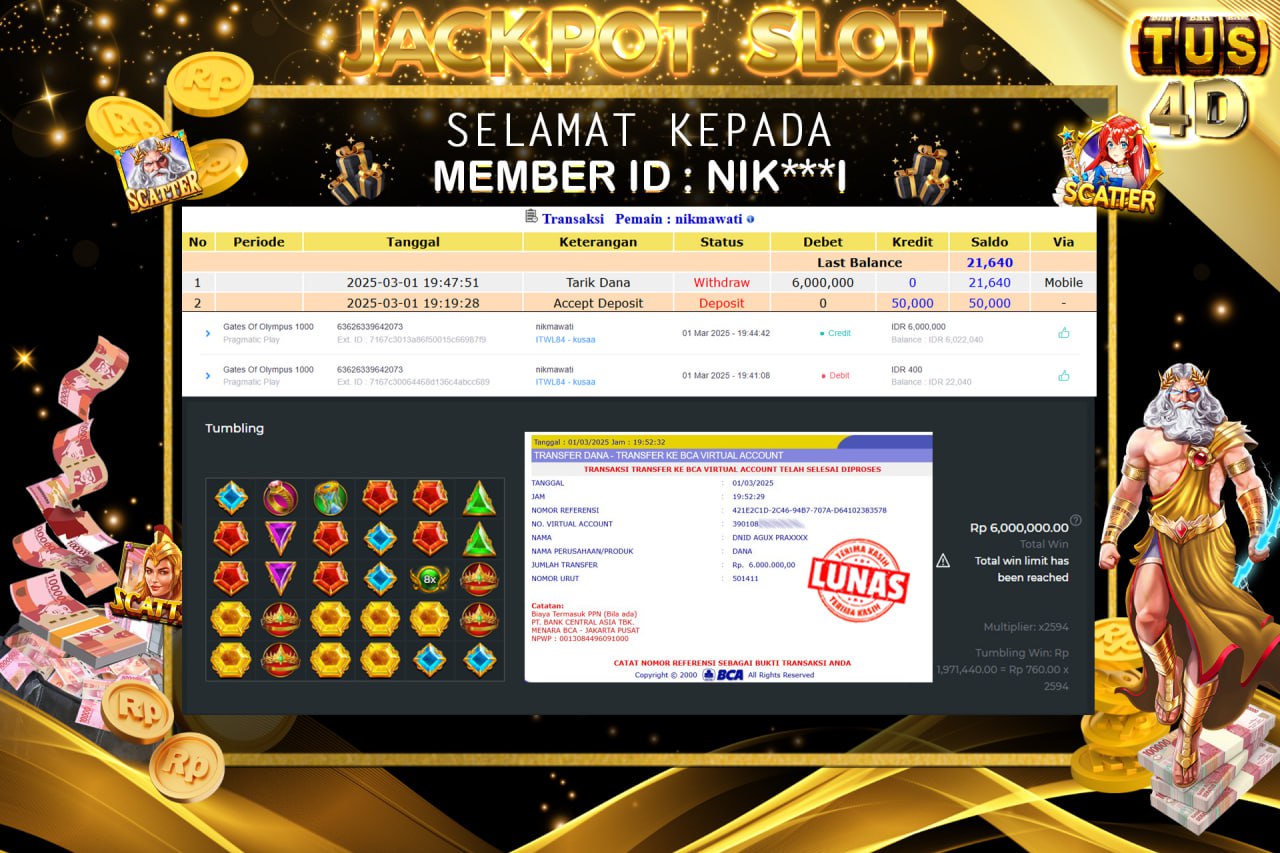 TUS4D JACKPOT SLOT GATES OF OLYMPUS 1000 Rp 6.000.000.,- LUNAS