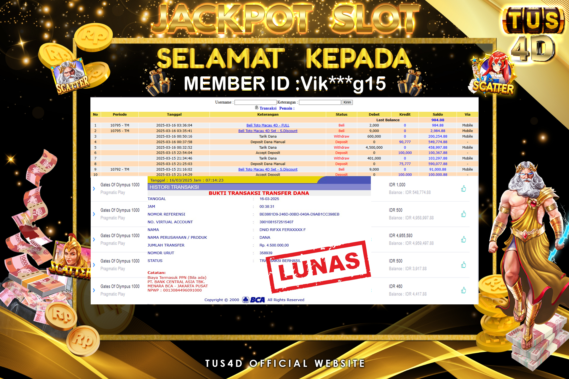 TUS4D JACKPOT SLOT GATES OF OLYMPUS 1000 Rp 4.500.000.,- LUNAS
