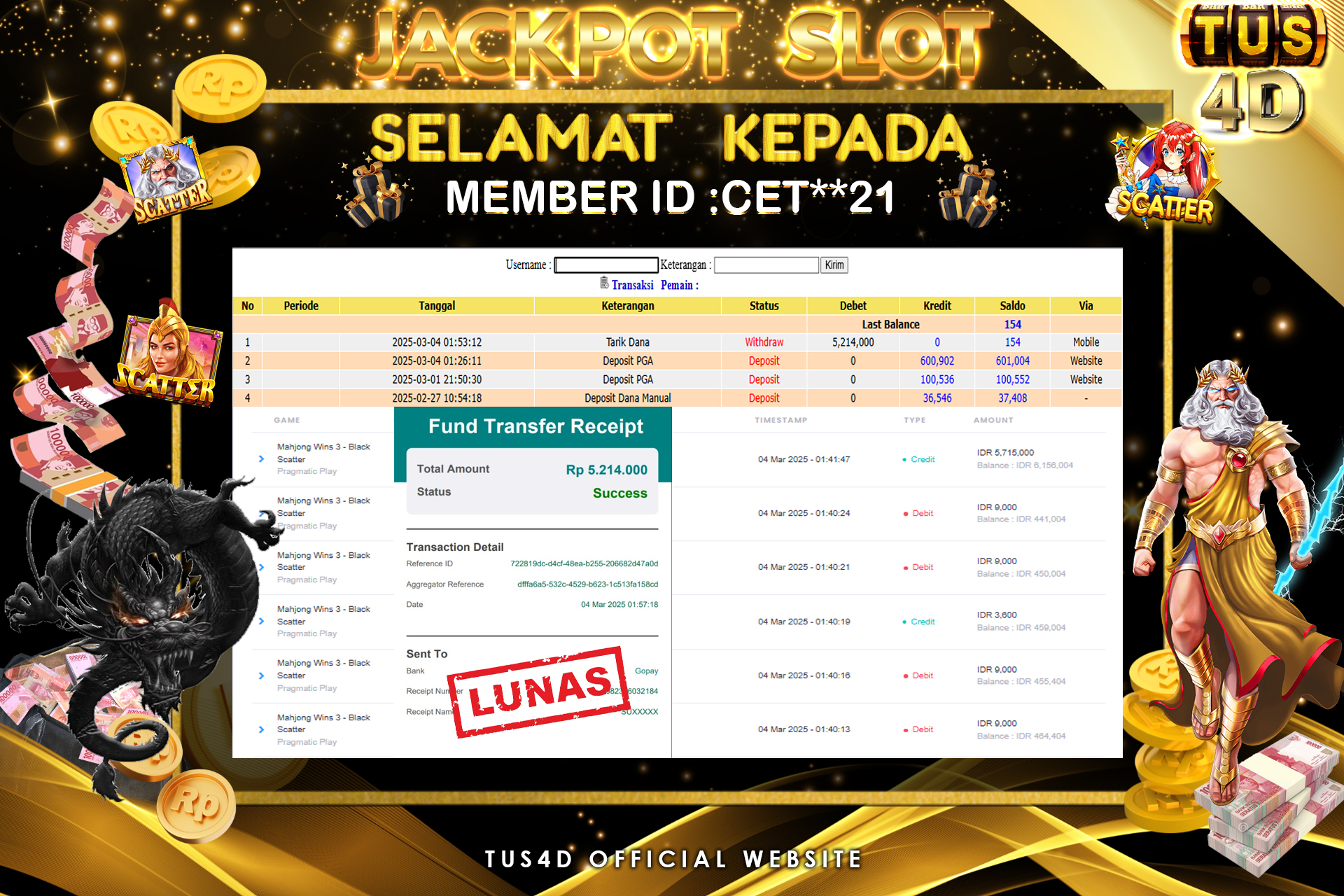 TUS4D JACKPOT SLOT Mahjong Wins 3 – Black Scatter Rp 5.214.000.,- LUNAS