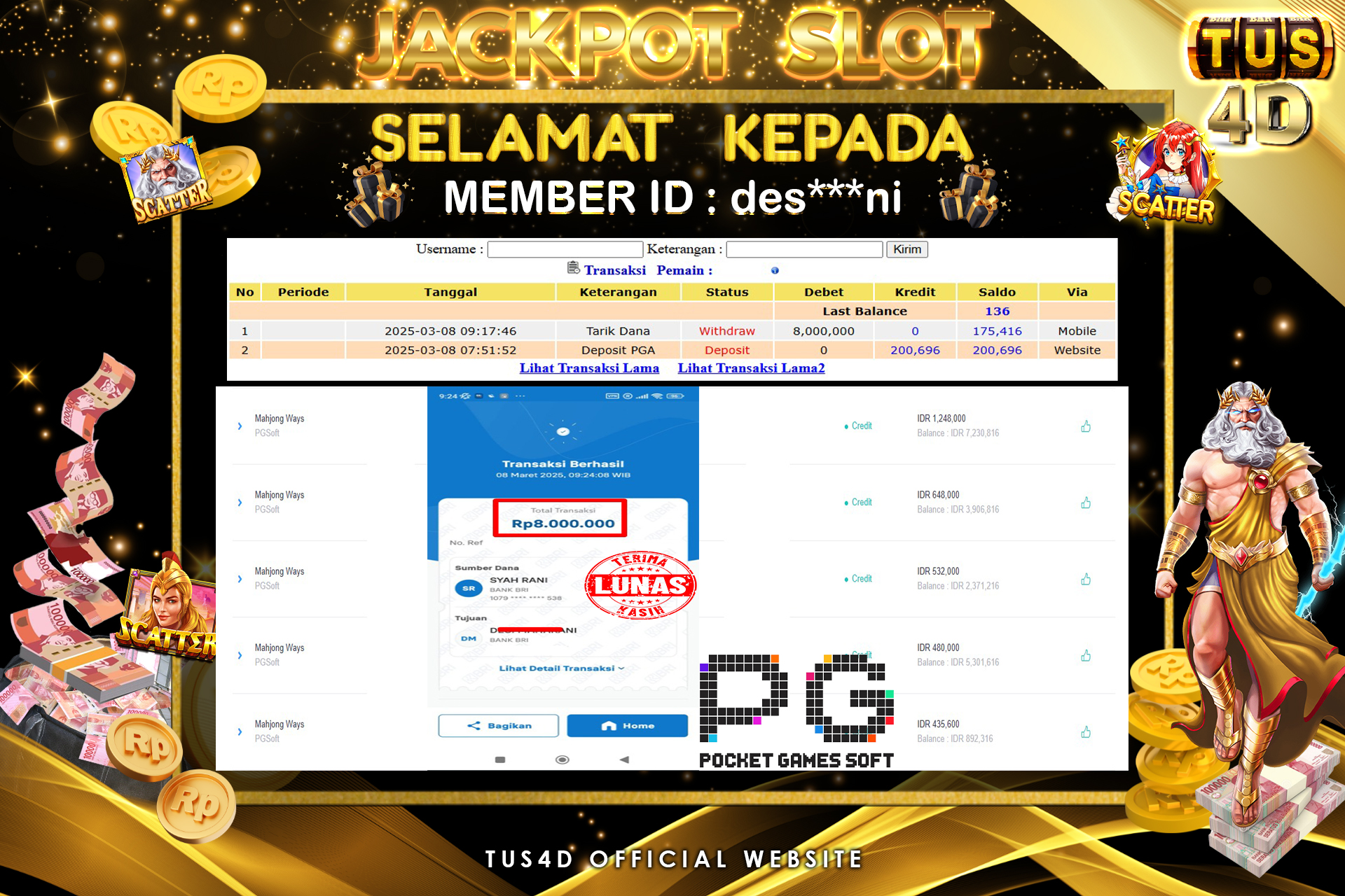 TUS4D JACKPOT SLOT Mahjong Ways 2 Rp 8.000.000.,- LUNAS