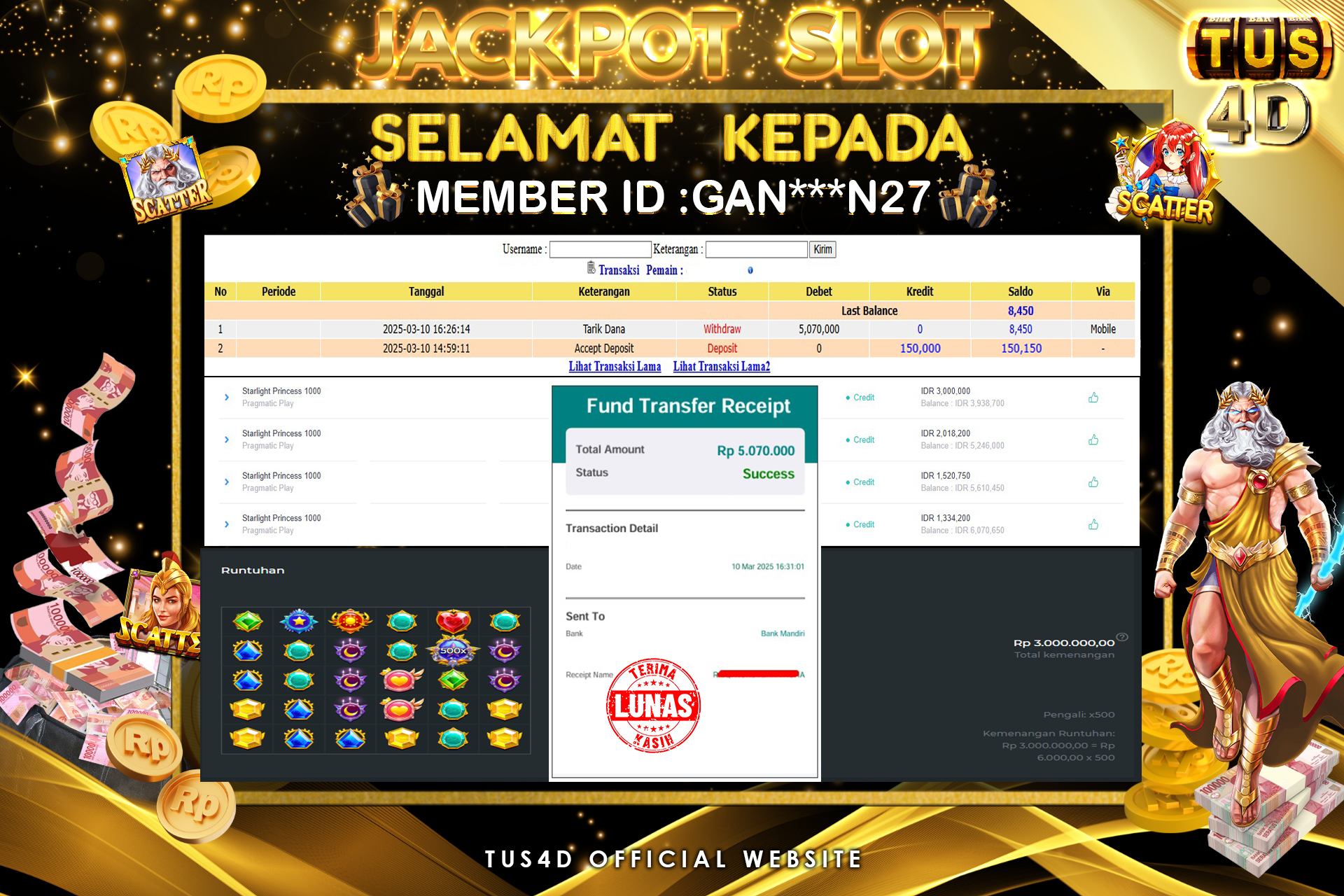 TUS4D JACKPOT SLOT Starlight Princess 1000 Rp 5.070.000.,- LUNAS