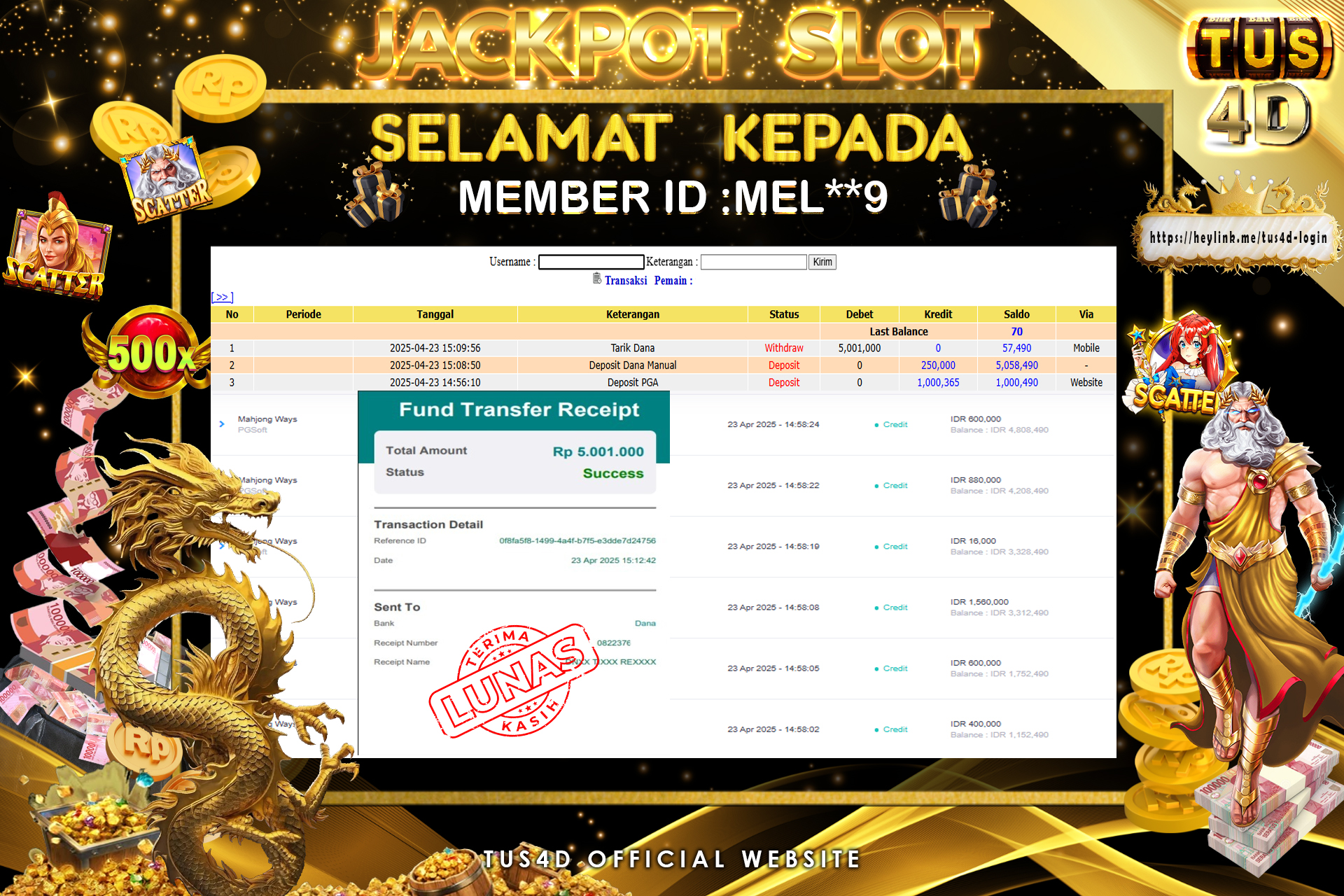 TUS4D JACKPOT SLOT MAHJONG WAYS Rp5.001.000.,- LUNAS