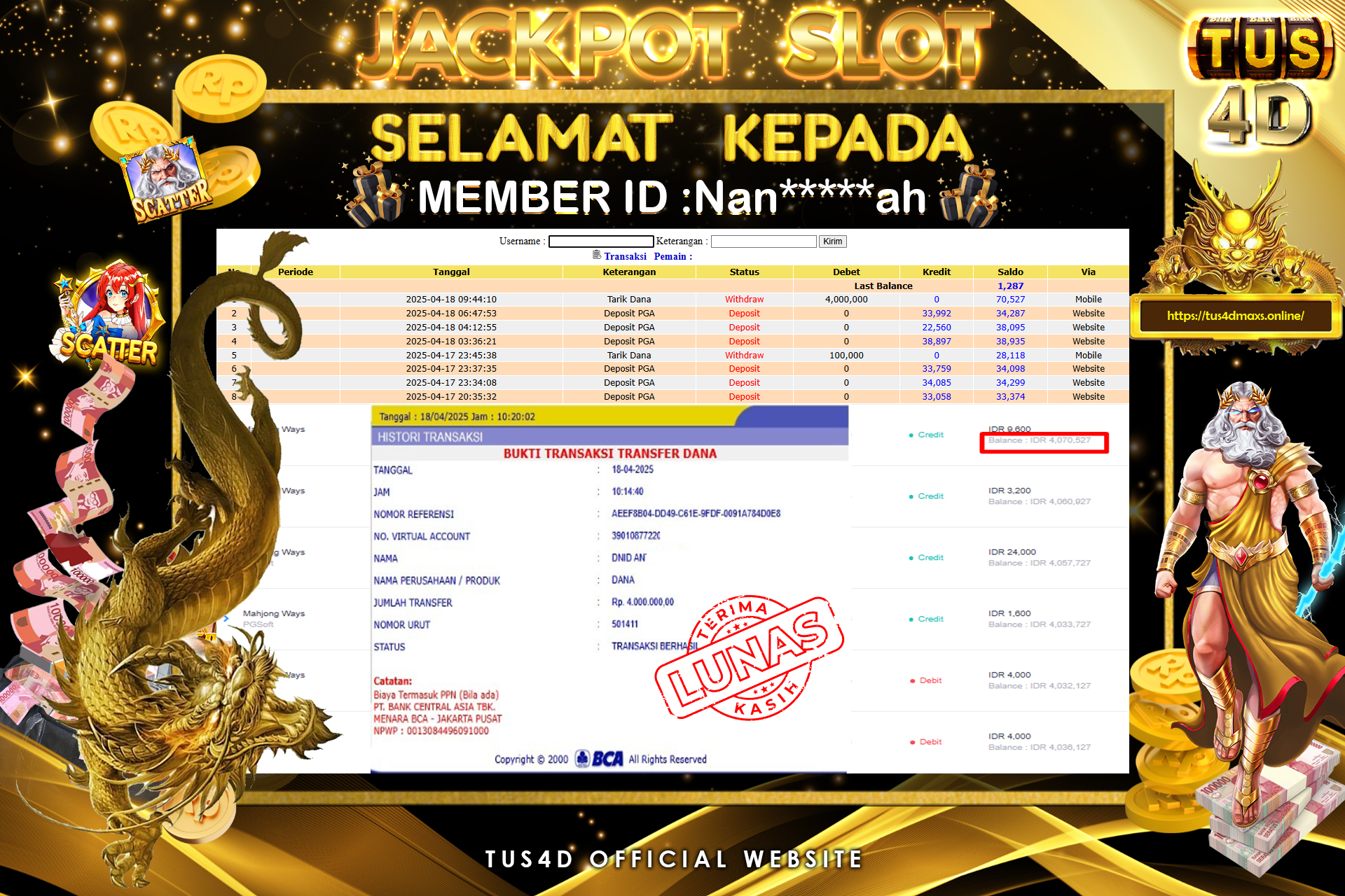 TUS4D JACKPOT SLOT MAHJONG WAYS Rp4.000.000.,- LUNAS