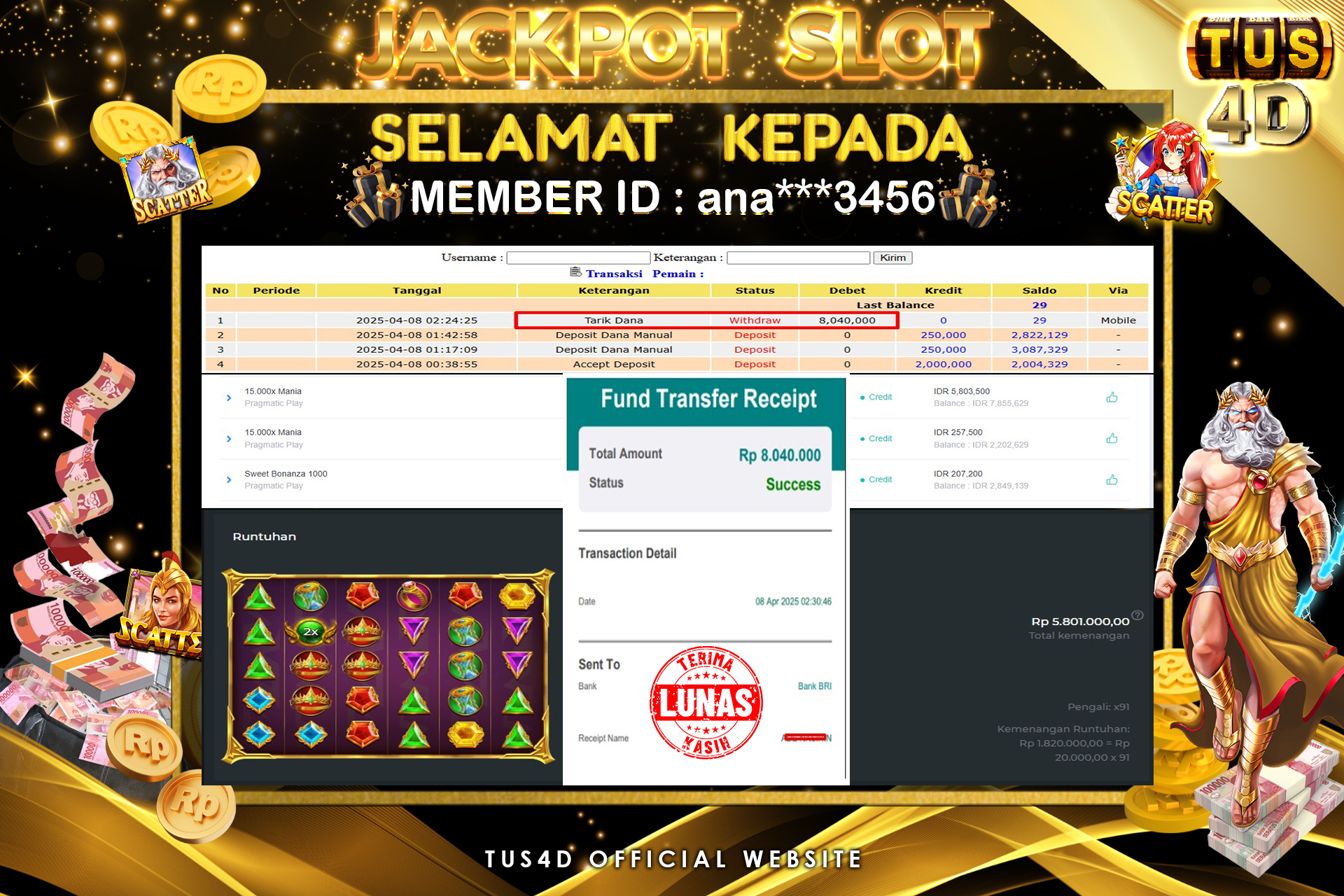 TUS4D JACKPOT SLOT 15.000x Mania Olympus Rp 8.040.000.,- LUNAS