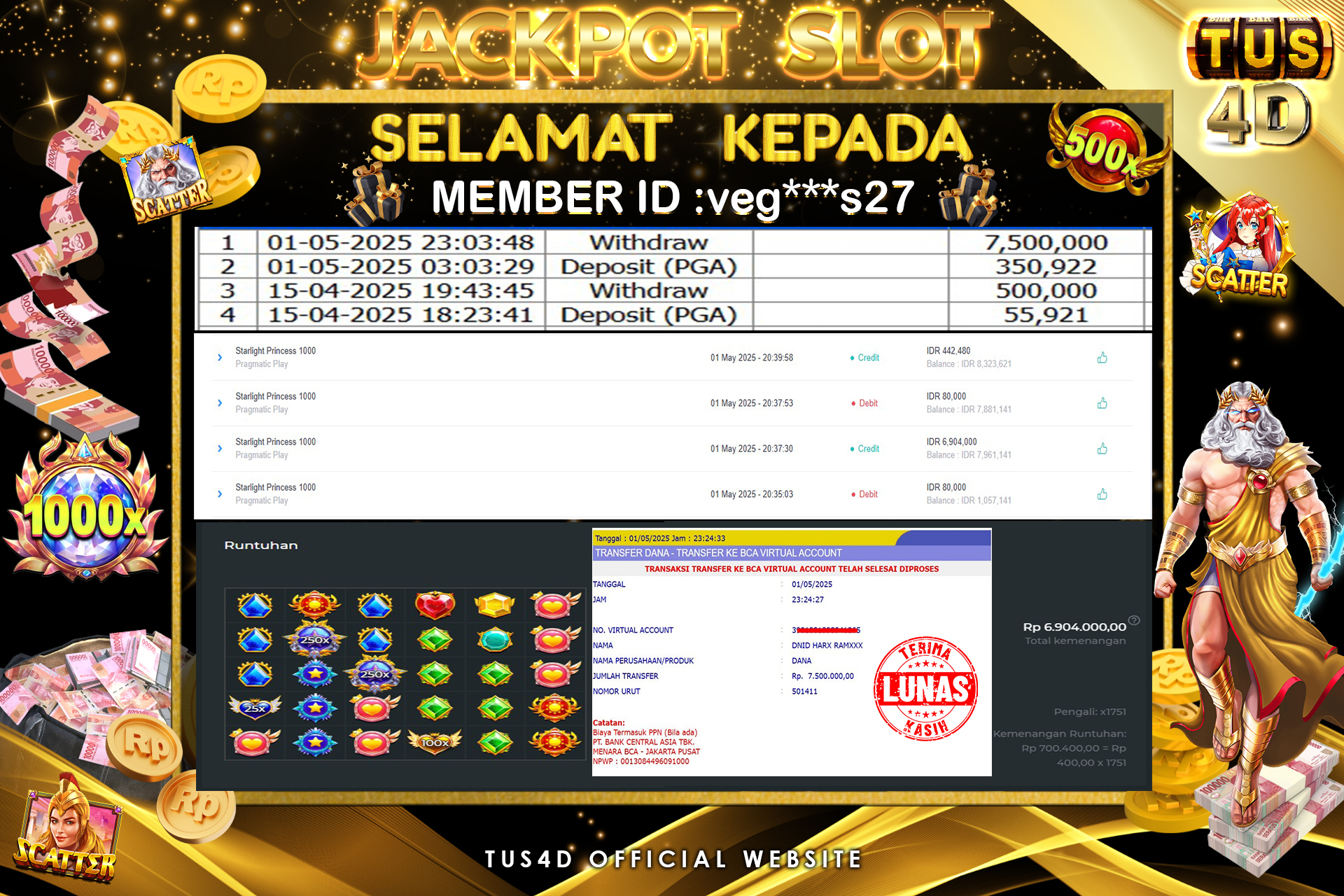 TUS4D JACKPOT SLOT Starlight Princess 1000 Rp 7.500.000.,- LUNAS