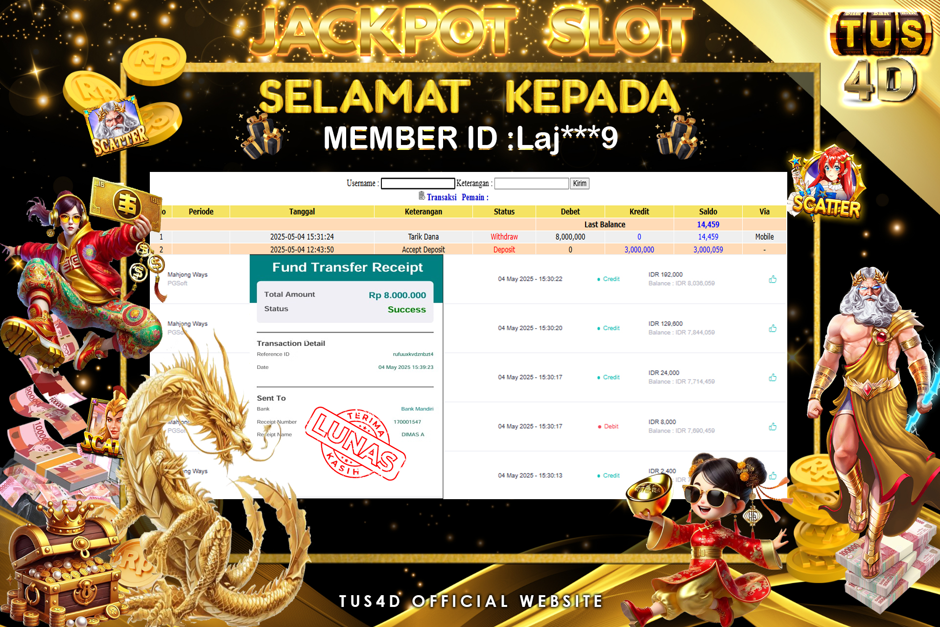 TUS4D JACKPOT SLOT MAHJONG WAYS Rp8.000.000.,- LUNAS