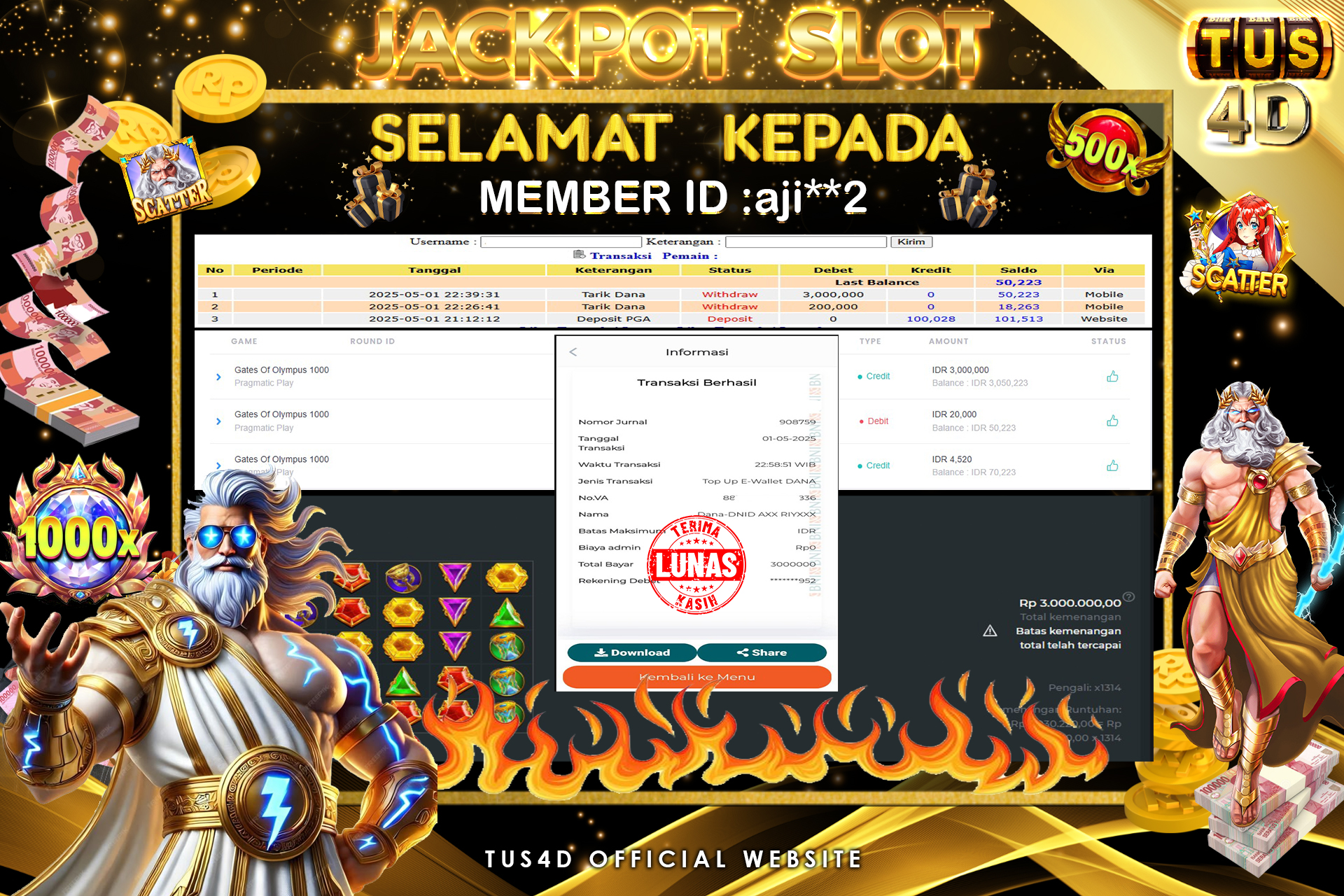 TUS4D JACKPOT SLOT Gates Of Olympus 1000 Rp 3.000.000.,- LUNAS