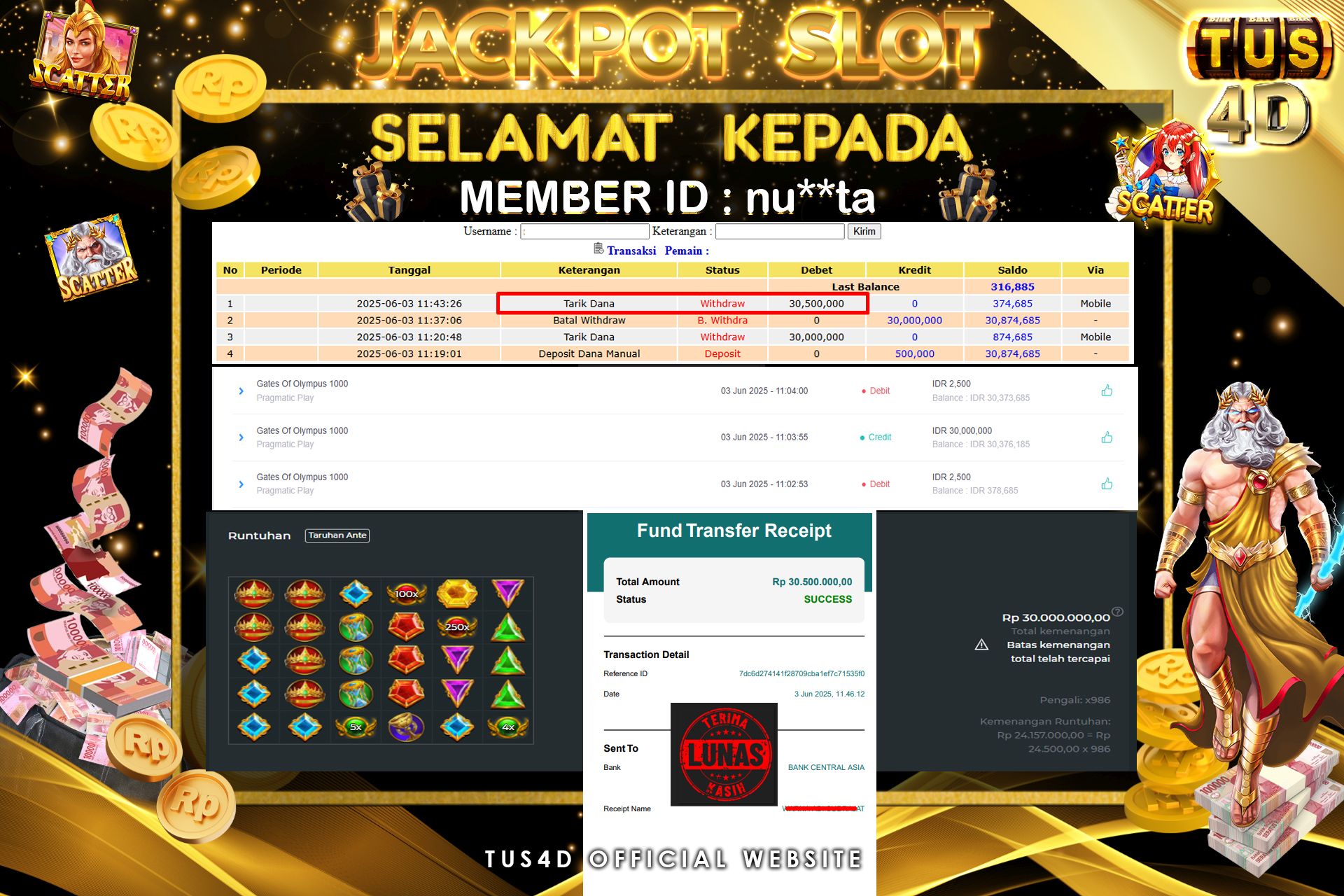 TUS4D JACKPOT SLOT Gates Of Olympus 1000 Rp 30.500.000.,- LUNAS