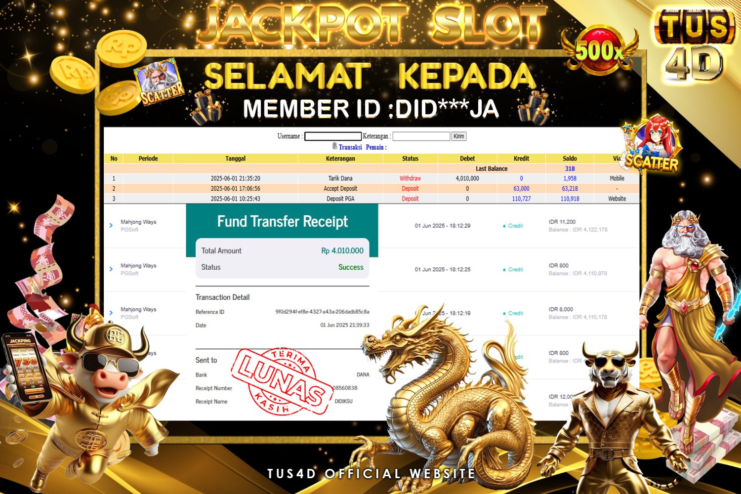 TUS4D JACKPOT SLOT Mahjong Ways  Rp 4.010.000.,- LUNAS