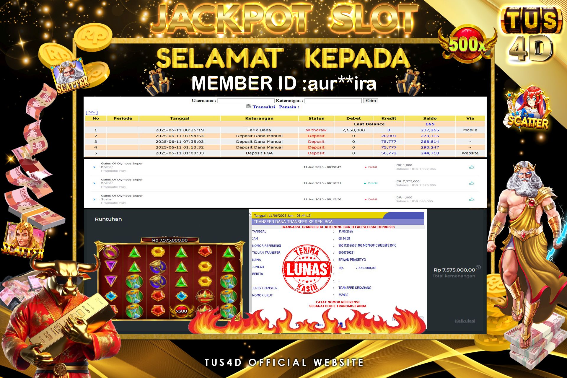 TUS4D JACKPOT SLOT Gates Of Olympus Super Scatter Rp 7.650.000.,- LUNAS