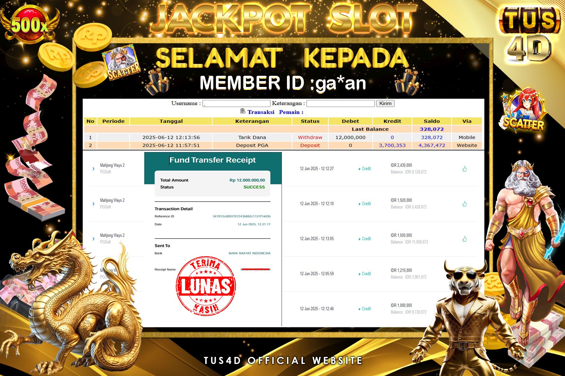 TUS4D JACKPOT SLOT Mahjong Ways 2 Rp 12.000.000.,- LUNAS