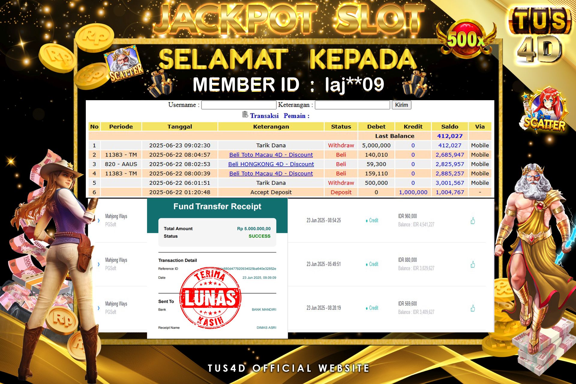 TUS4D JACKPOT SLOT Mahjong Ways Rp 5.000.000.,- LUNAS