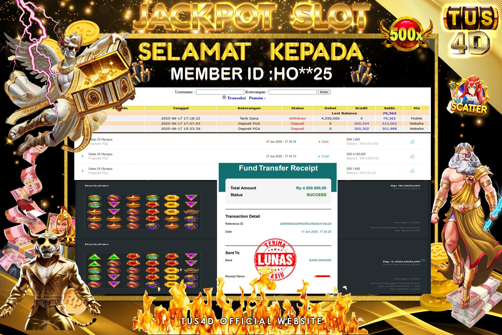 TUS4D JACKPOT SLOT Gates Of Olympus Rp 4.550.000.,- LUNAS