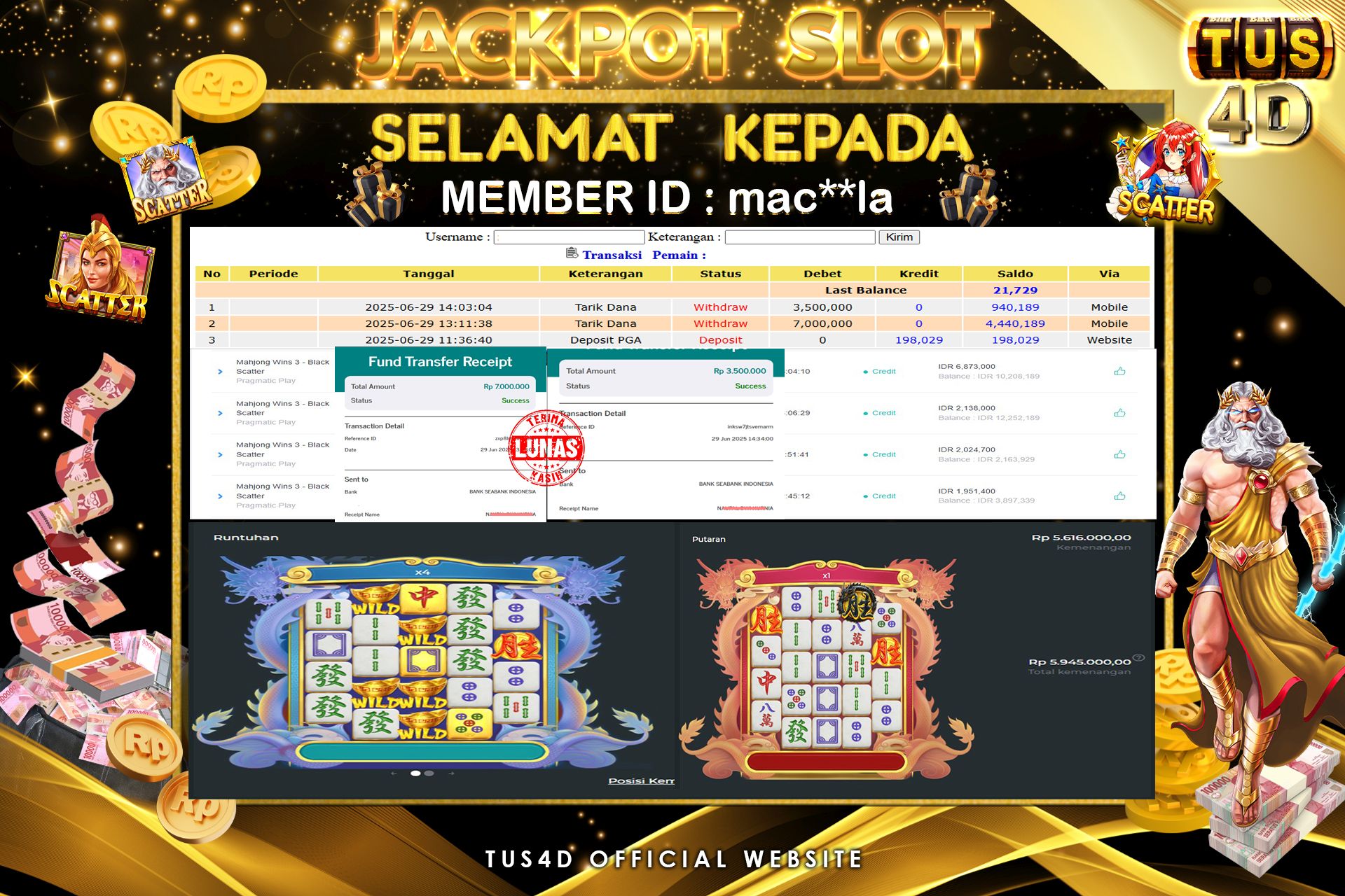 TUS4D JACKPOT SLOT Mahjong Wins 3 – Black Scatter Rp 10.500.000.,- LUNAS