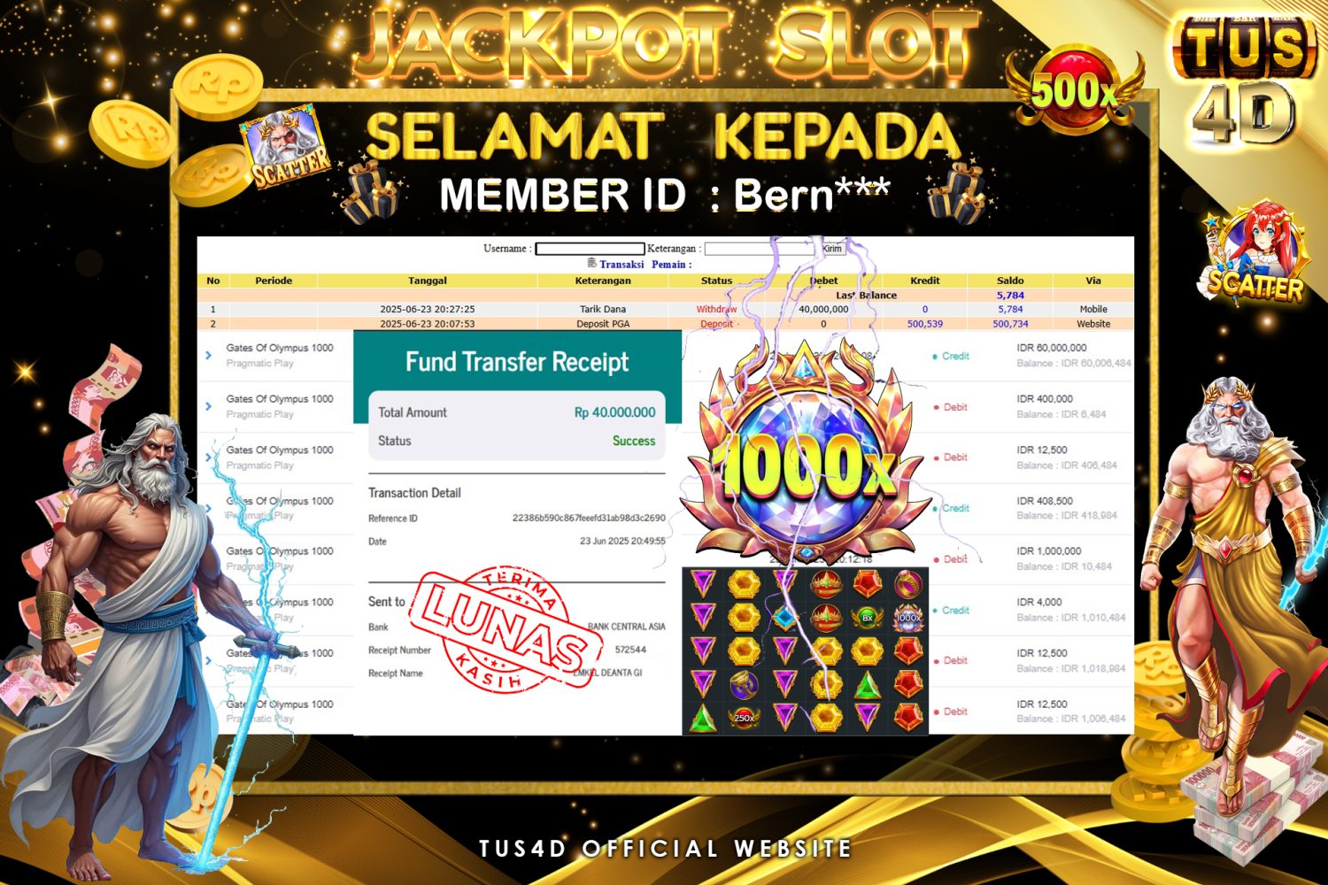 TUS4D JACKPOT SLOT Gates Of Olympus 1000 Rp 40.000.000.,- LUNAS