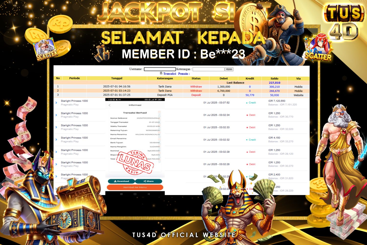 TUS4D JACKPOT SLOT Starlight Princess 1000 Rp 6.700.000.,- LUNAS