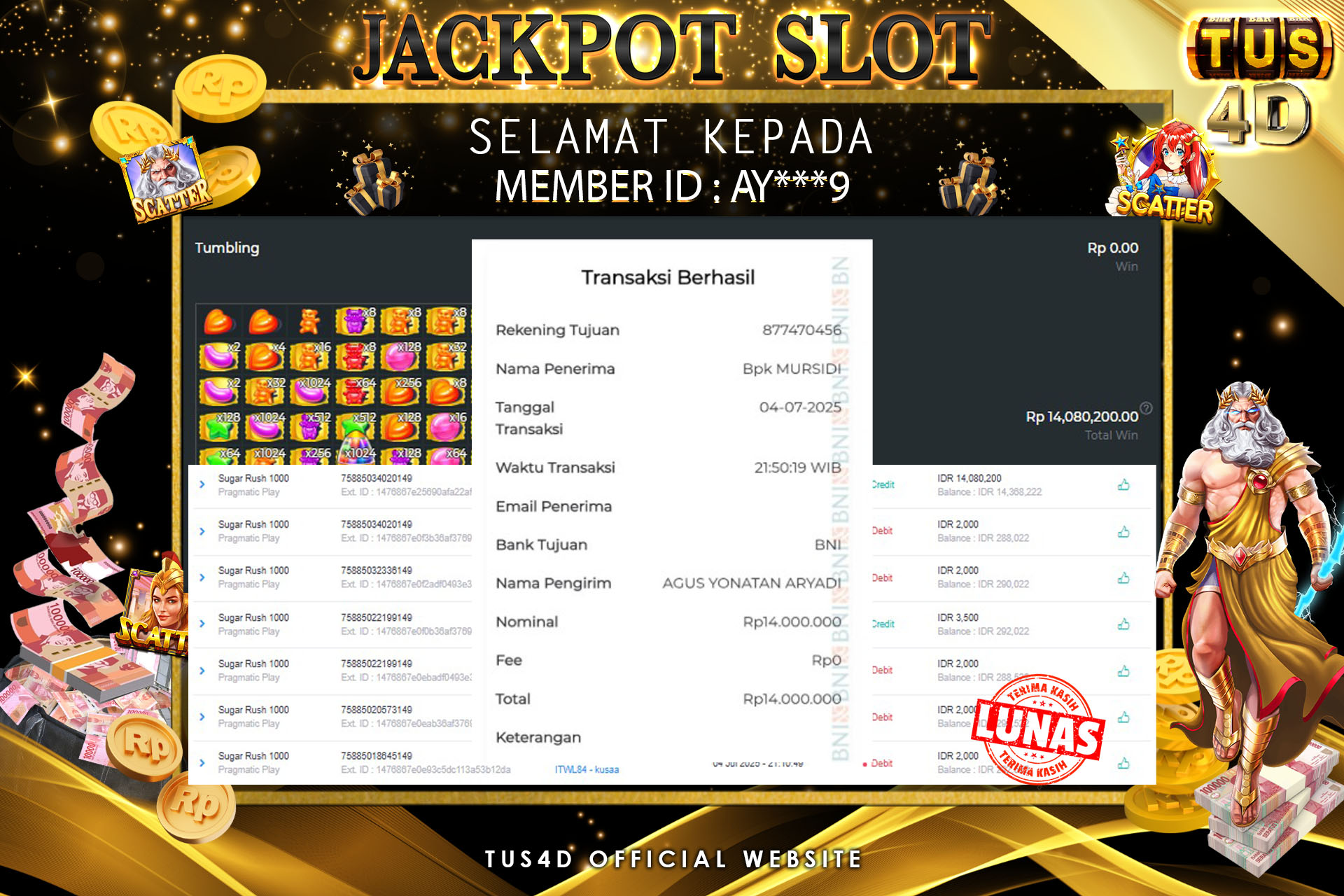 TUS4D JACKPOT SLOT SUGAR RUSH 1000 Rp 14,000,000.,- LUNAS