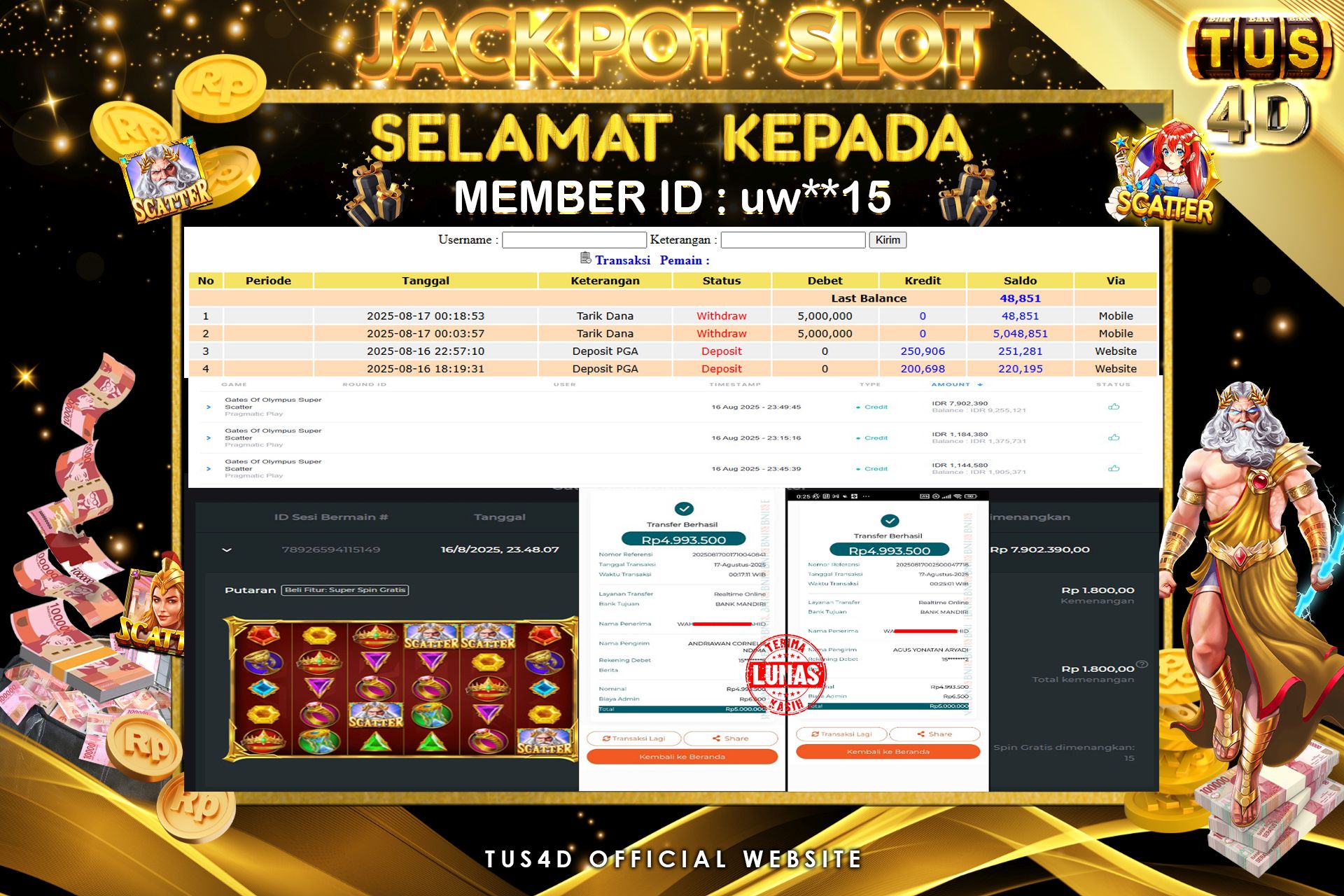 TUS4D JACKPOT SLOT Gates Of Olympus Super Scatter Rp 10.000.000.,- LUNAS