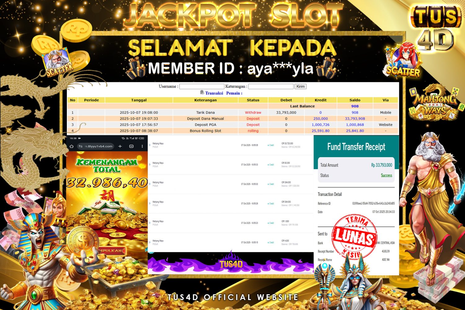 TUS4D JACKPOT SLOT Mahjong Ways – PGSoft Rp 33.793.000.,- LUNAS