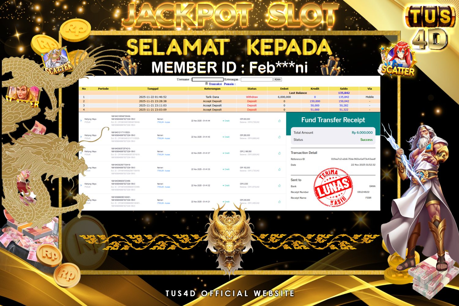 TUS4D JACKPOT SLOT Mahjong Ways Rp 6.000.000.,- LUNAS