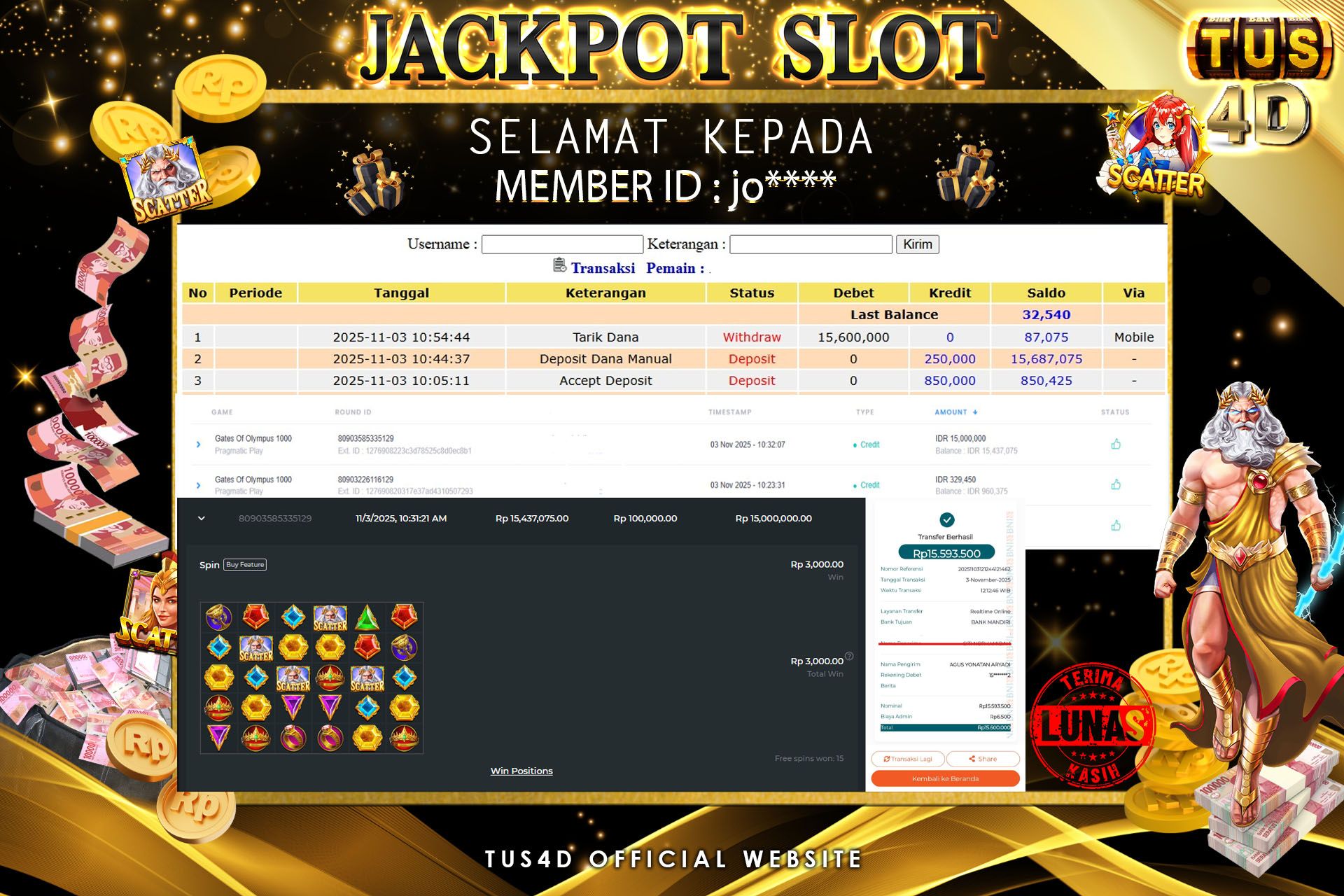 TUS4D JACKPOT SLOT Rp 15,600,000.,- LUNAS