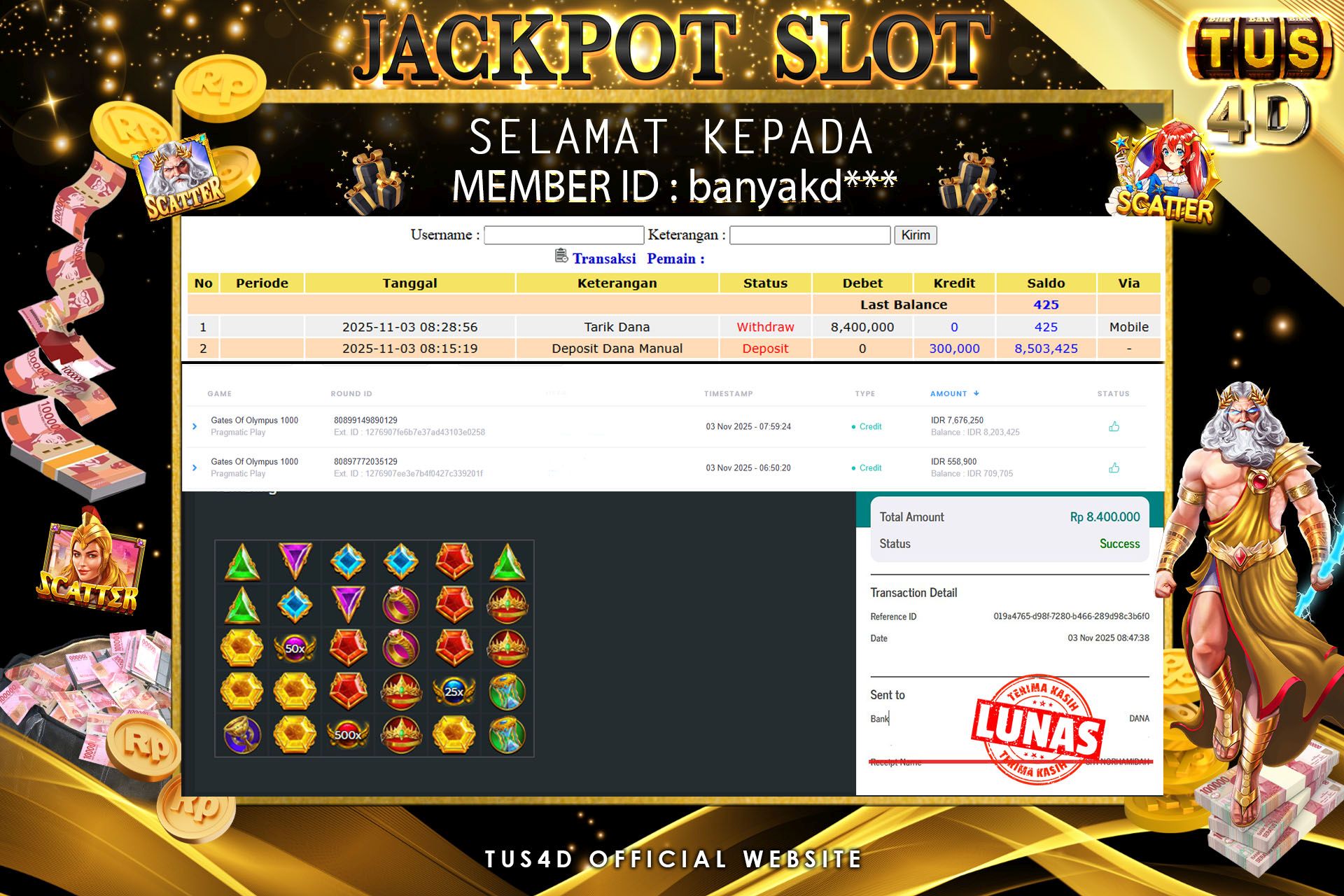 TUS4D JACKPOT SLOT Rp 8.400.000.,- LUNAS