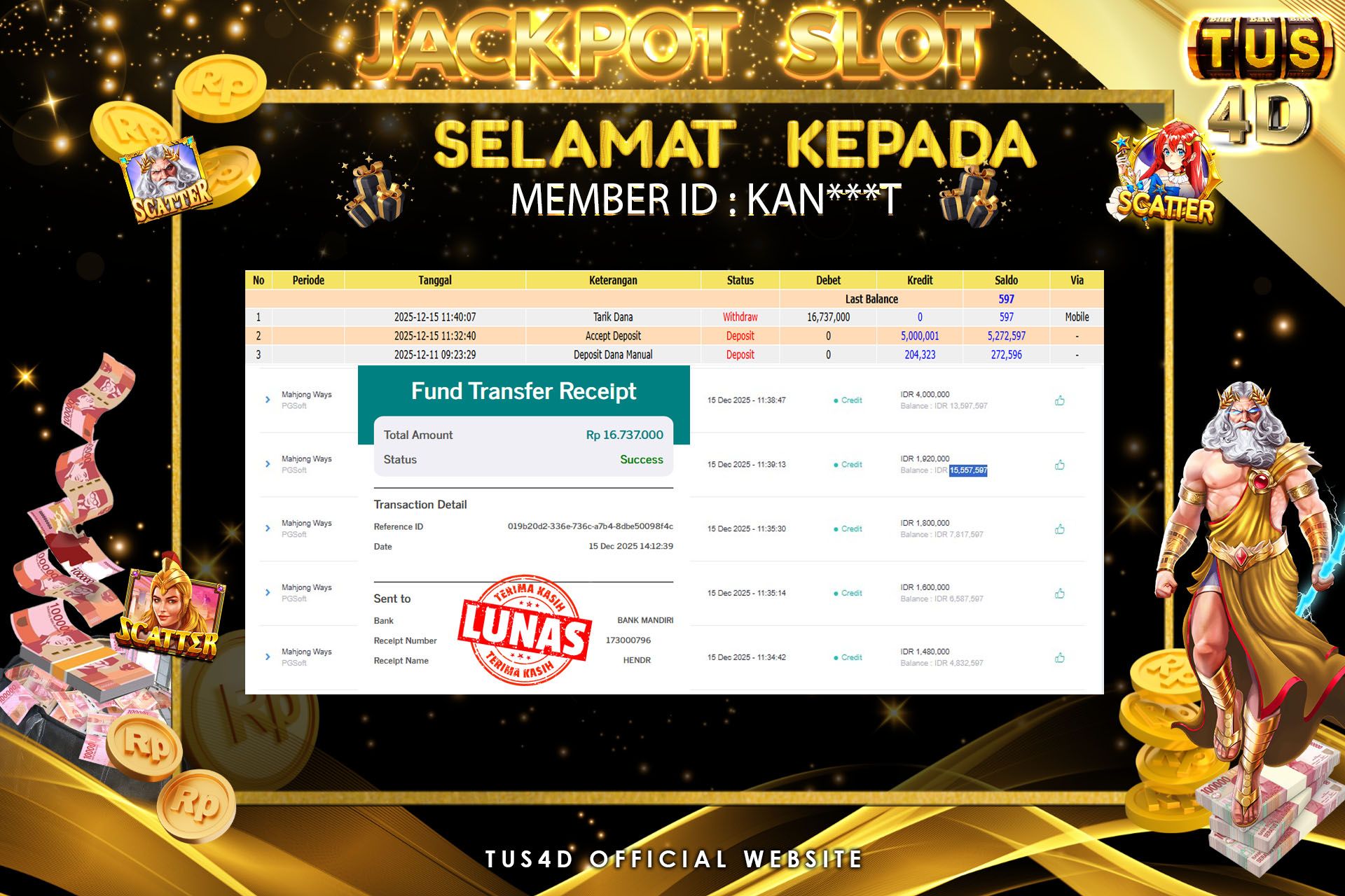 TUS4D JACKPOT SLOT  Rp 16.737.000 – LUNAS