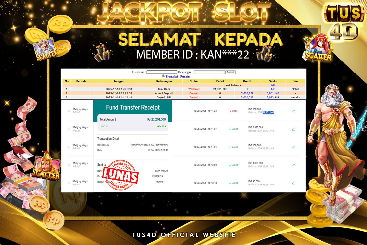 TUS4D JACKPOT SLOT Mahjong Ways Rp 21.201.000.,- LUNAS
