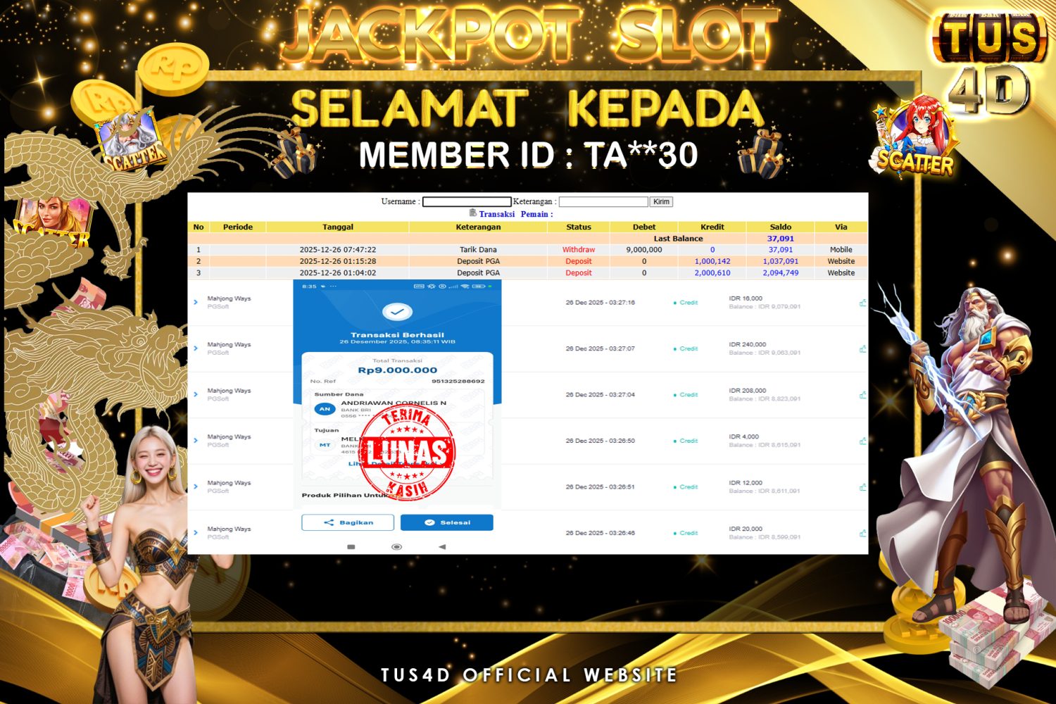 TUS4D JACKPOT SLOT Mahjong Ways Rp 9.000.000.,- LUNAS
