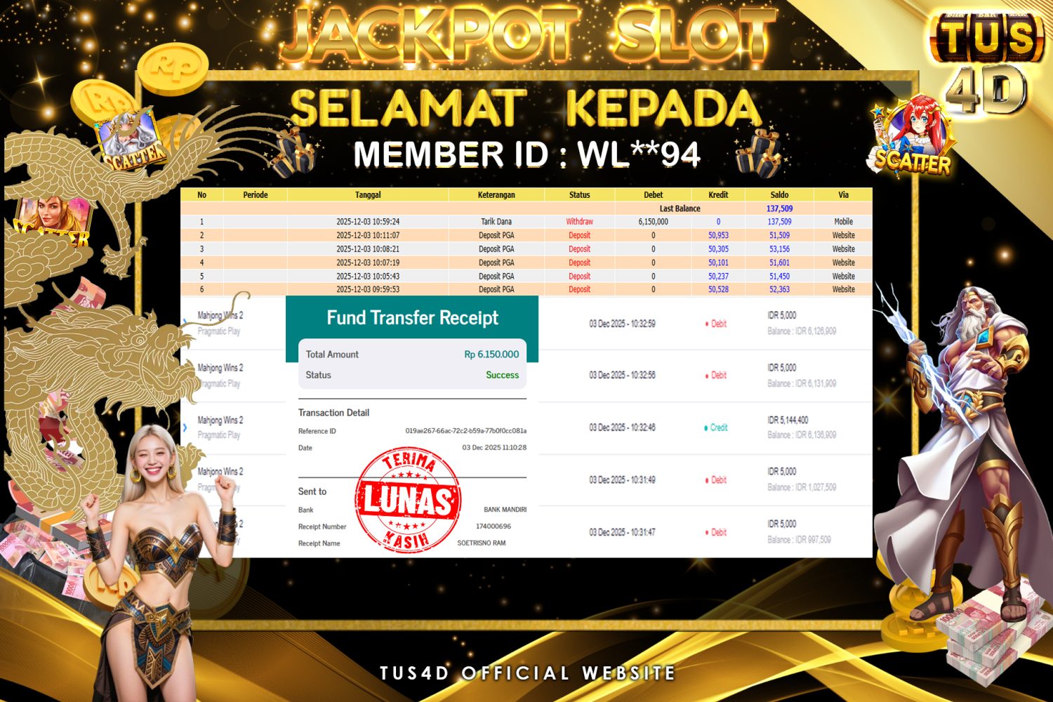 TUS4D JACKPOT SLOT Mahjong Wins2 Rp 6.150.000.,- LUNAS