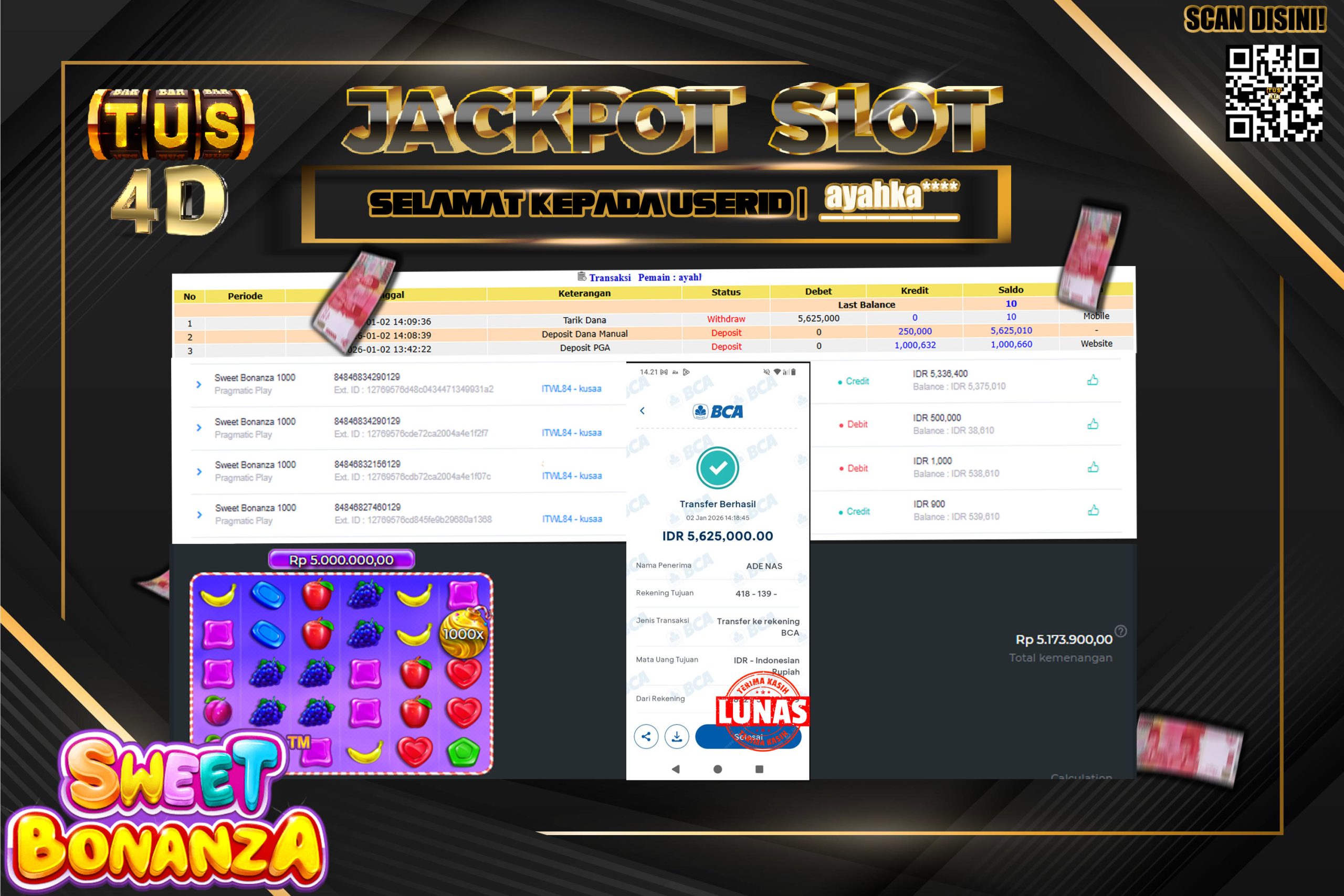 TUS4D JACKPOT SLOT Sweet Bonanza 1000 Rp 5,625,000.,- LUNAS