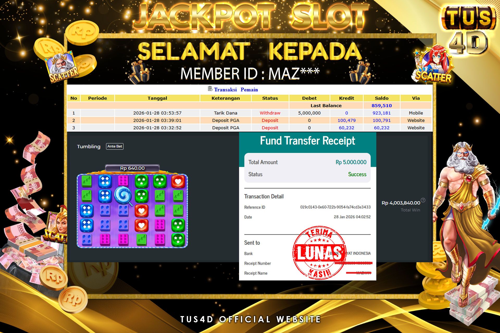 TUS4D JACKPOT SLOT Rp 5,000,000 – LUNAS