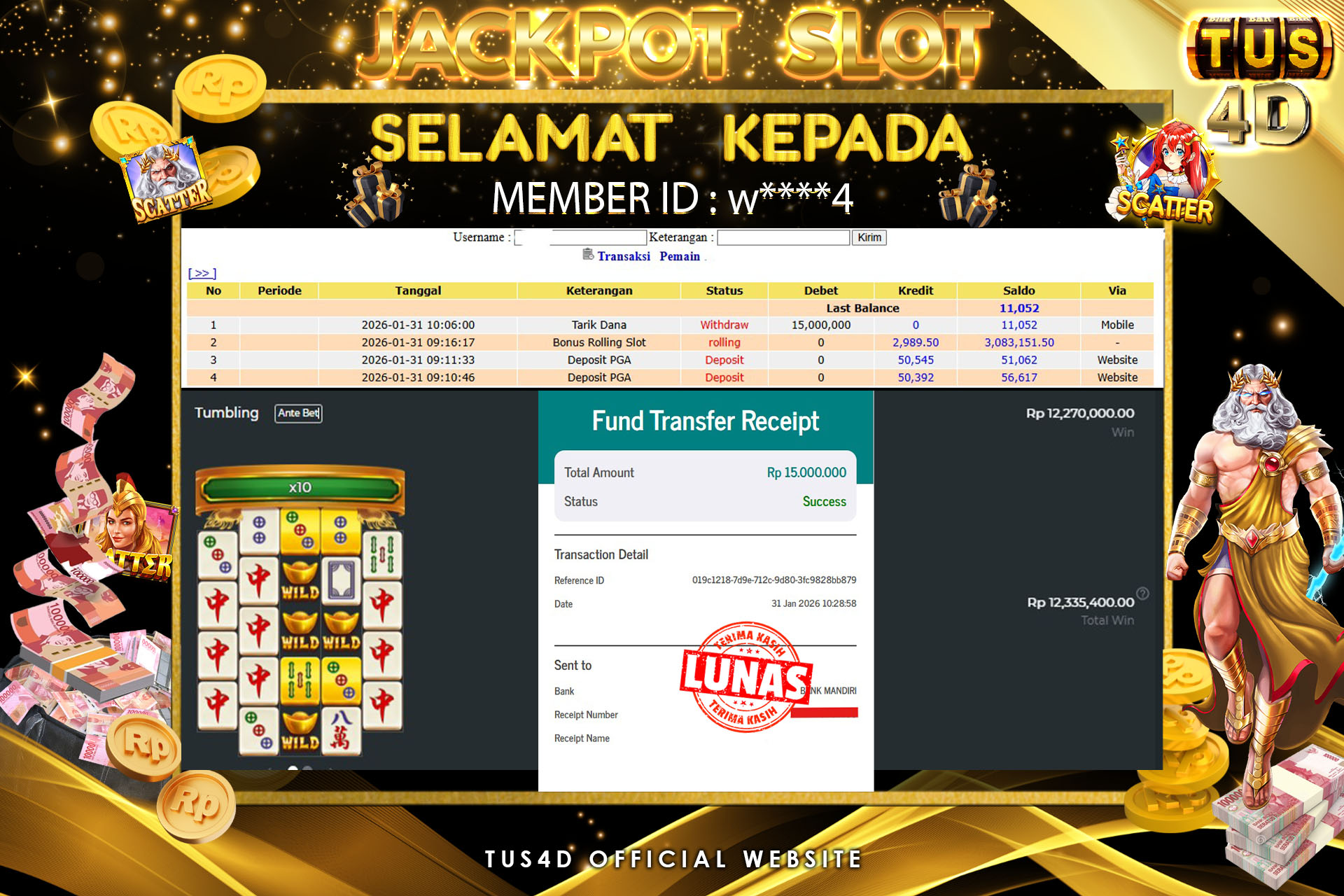 TUS4D JACKPOT SLOT Mahjong Wins 2 Rp 15.000.000.- LUNAS