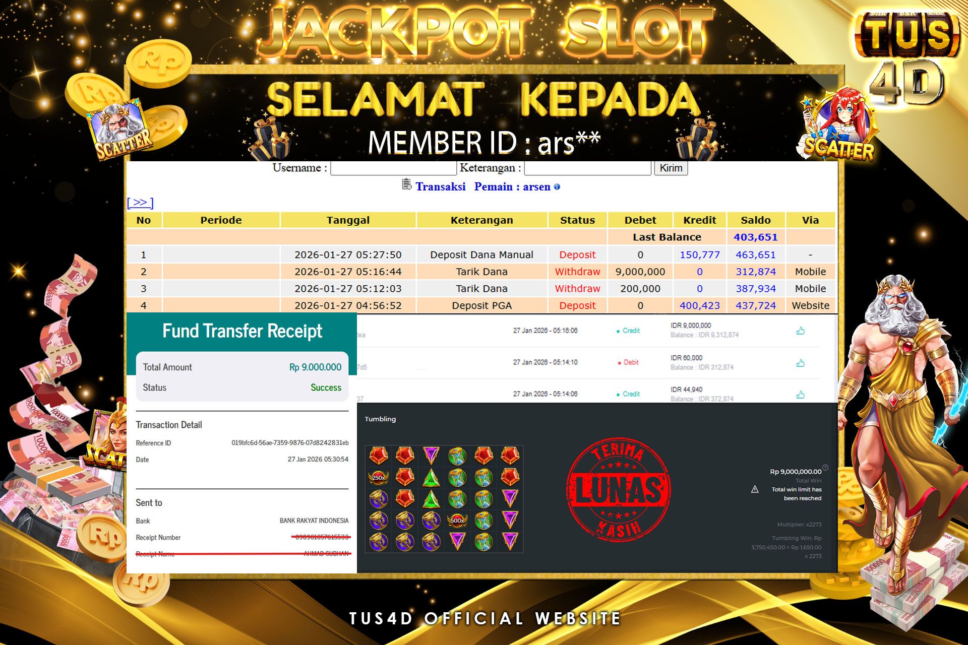 TUS4D JACKPOT SLOT Rp 9,000,000 – LUNAS